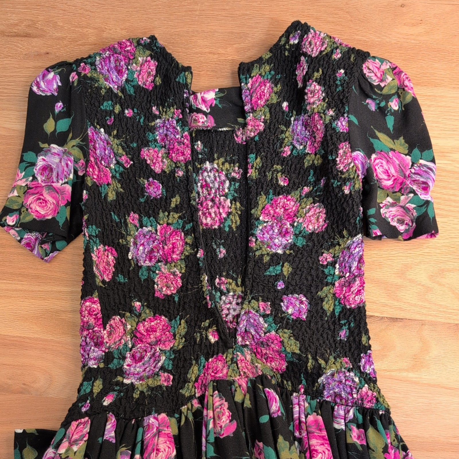 VTG Expo 90s Dress Women 2 Romance Floral Cottagecore Smocked Puff Sleeve Ruffle