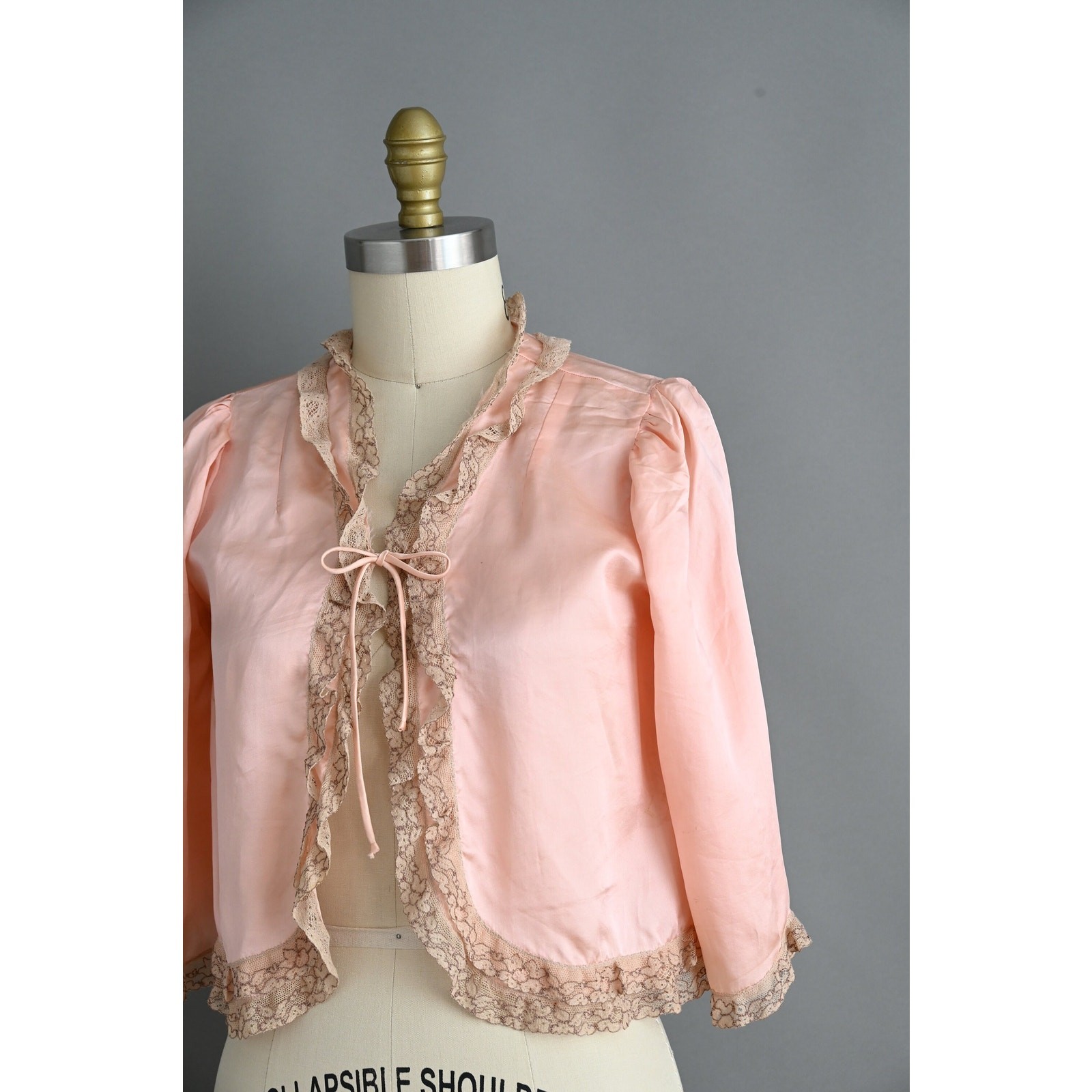 Vintage 1940s Lingerie Bed Jacket | Pink Silk Satin Lace Caplet | Small Medium