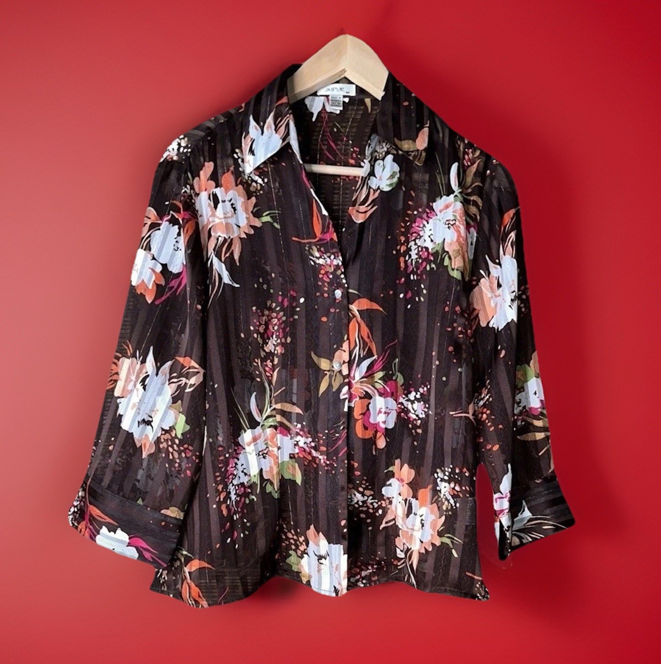 Vintage Jaipur Women’s Blouse Brown Sheer Floral 3/4 Sleeve Rose Gold M