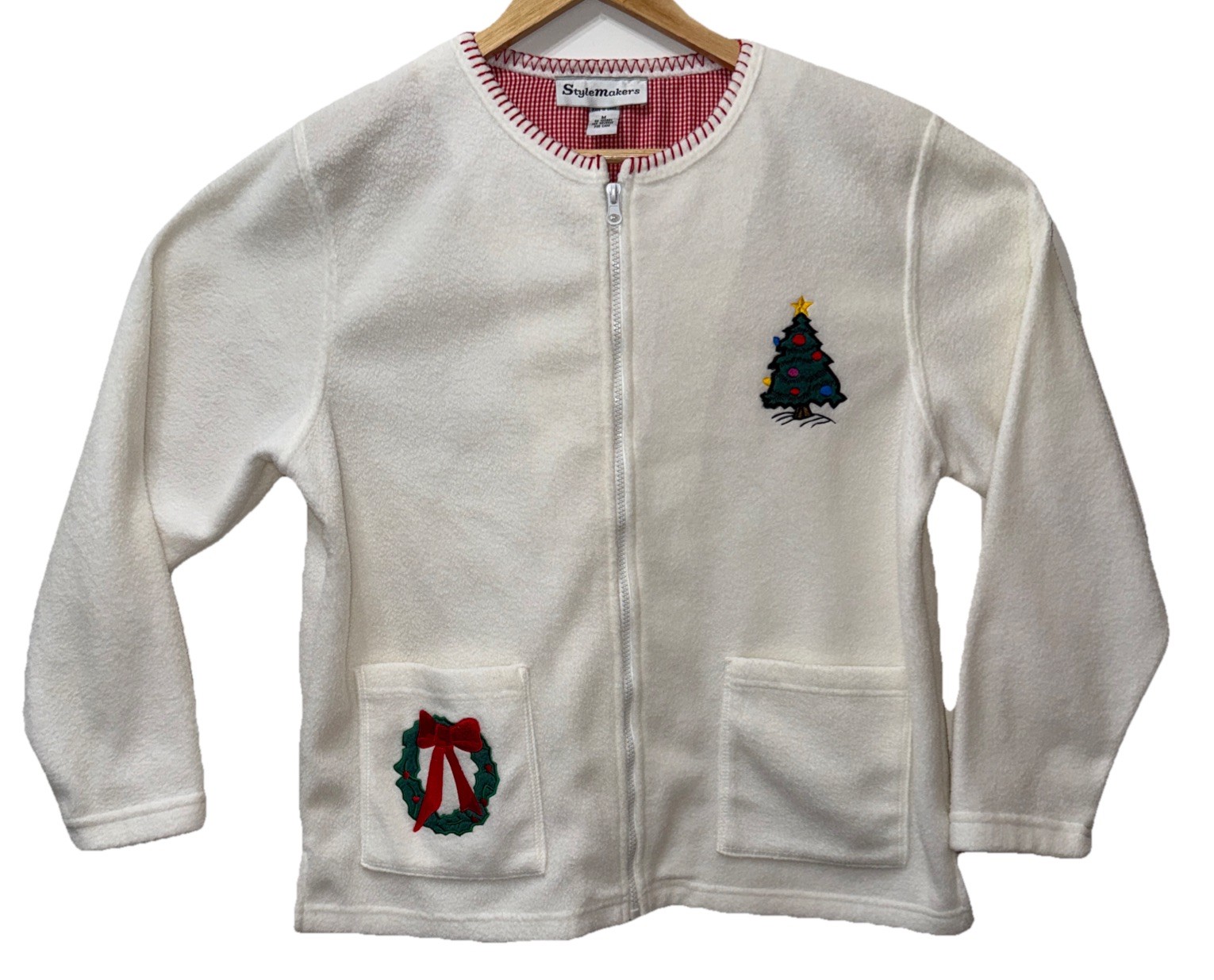 Vtg Style Makers Christmas Fleece Sweater Jacket Women Sz Tree Wreath Appliqué