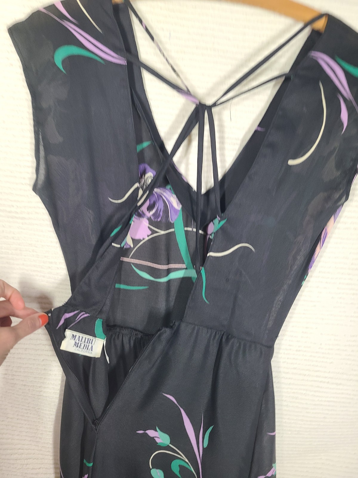 1970s Black Iris Dress Strappy Back Disco Rayon Crepe Malibu Media Vintage Rare