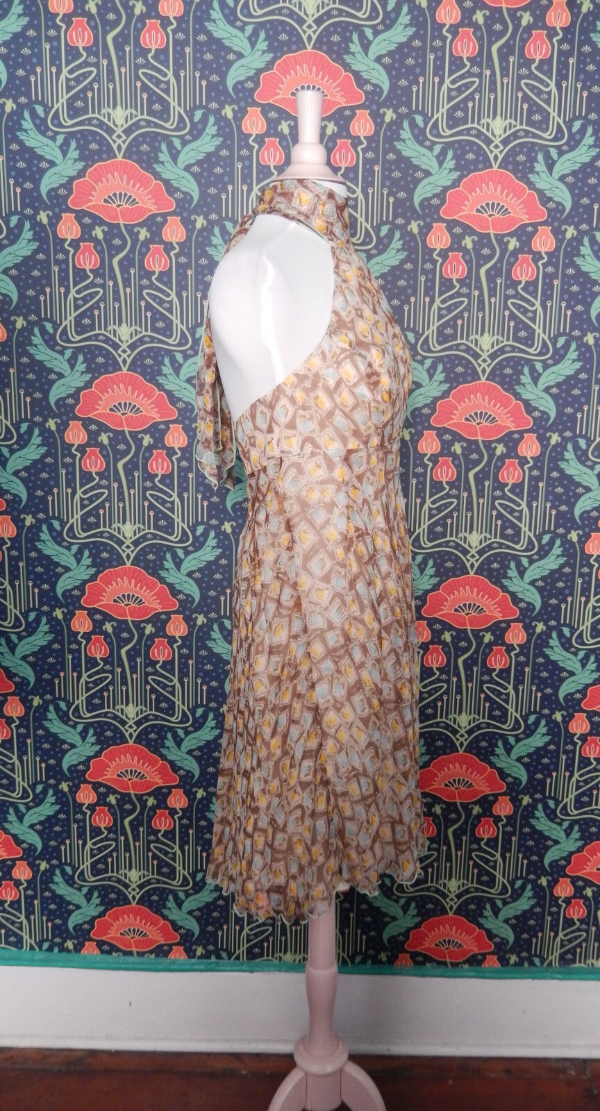 Vintage 90’s Y2K Brown Yellow Blue Romantic Silk Chiffon Femme High Neck Dress