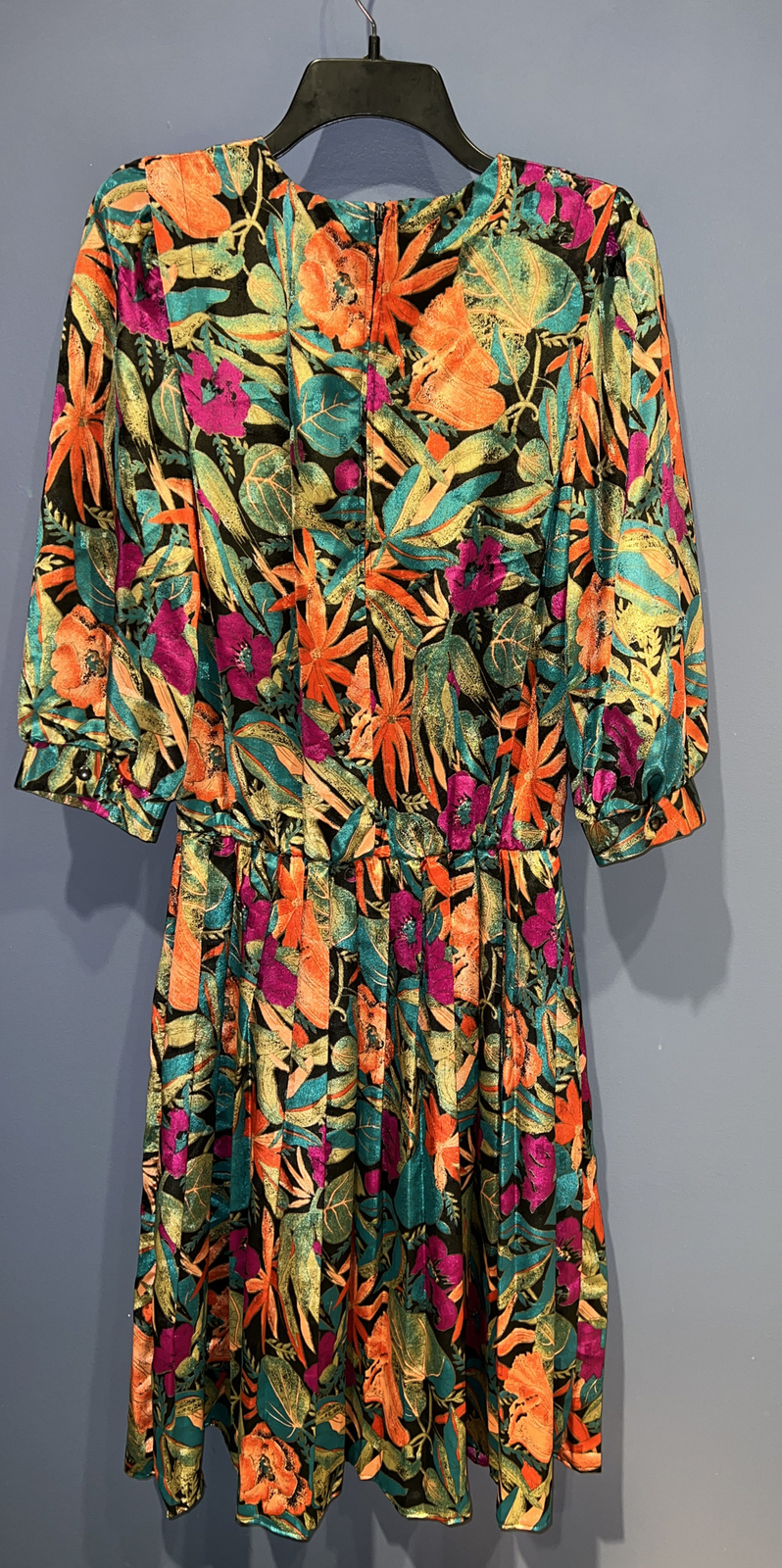 11, 12 Dress, Polyester Secretary 1980’s, Shelly Michaels, Tropical, Pleated Ski