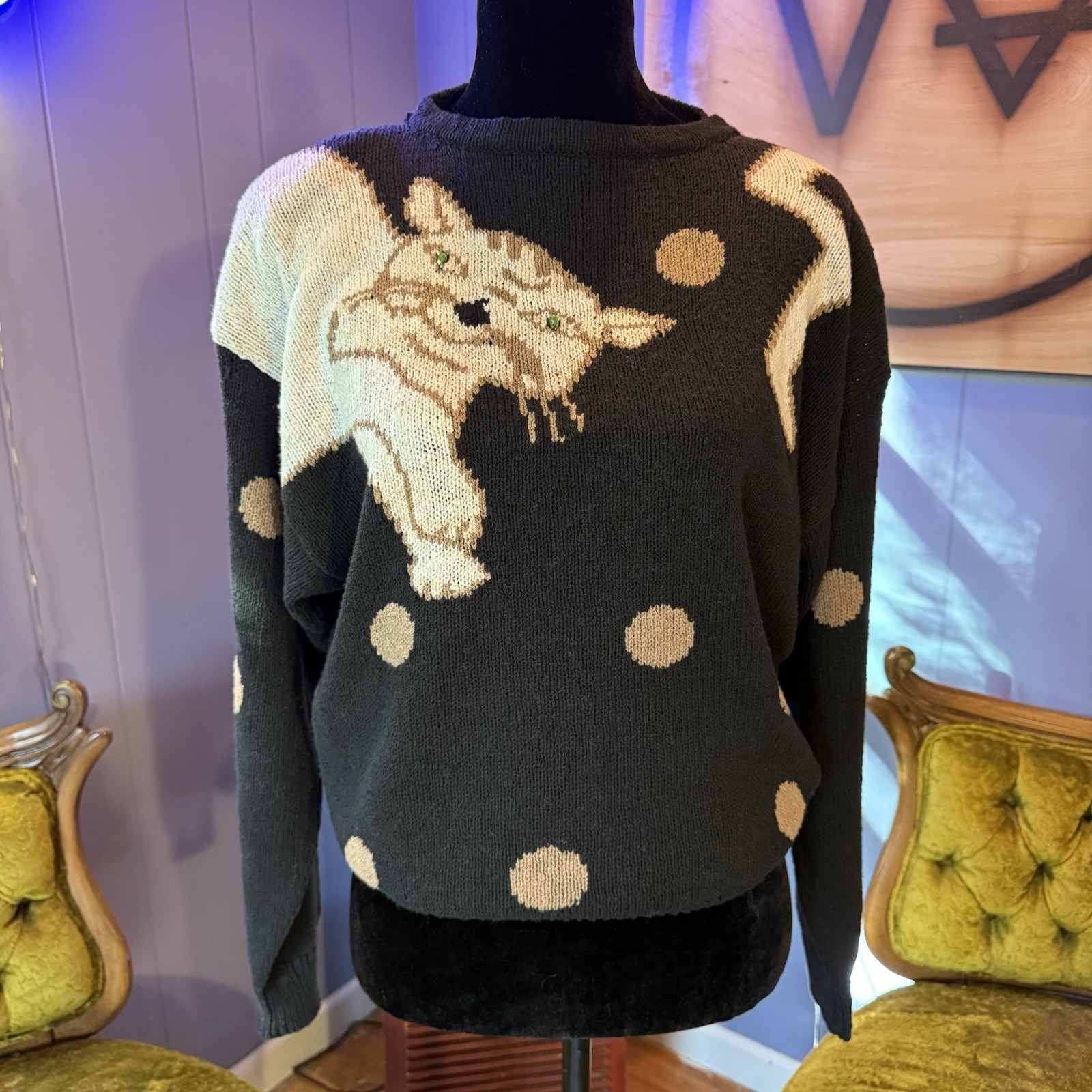 Vintage 80s/90s Adele Joyce Polka Dot Kitty Cat Sweater Size M