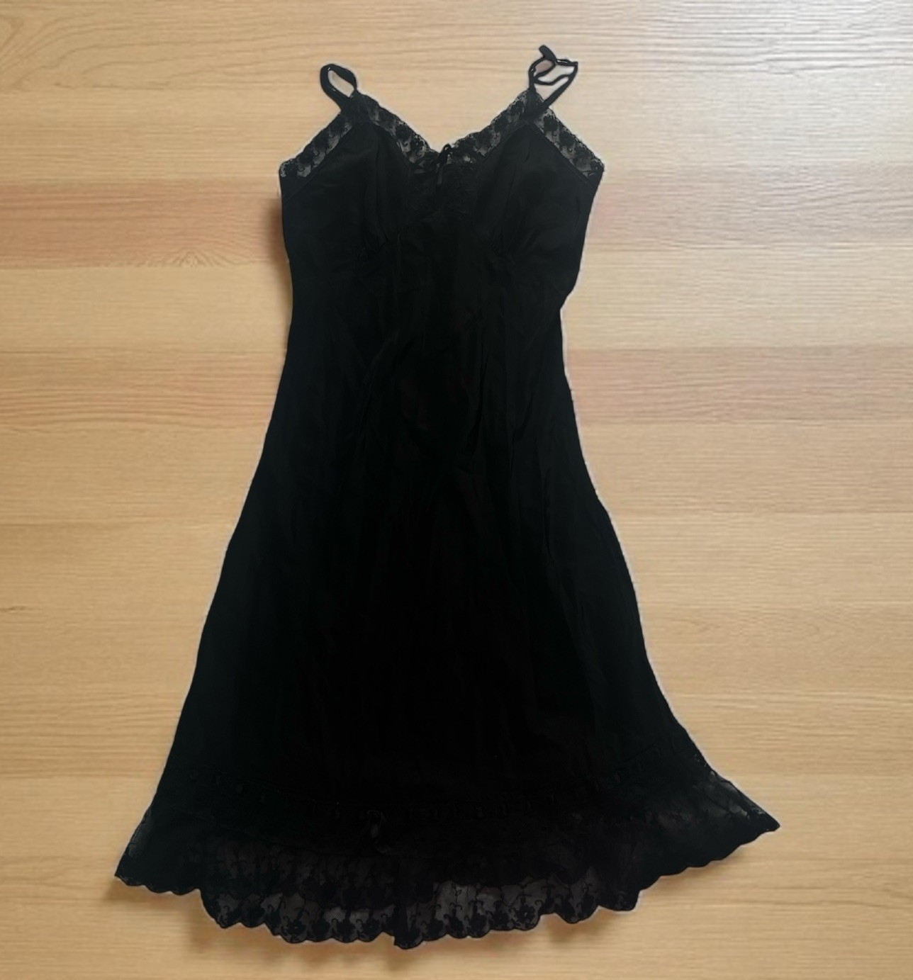 VTG 1960 Black Slip Dress Lace Ribbon Trim Spaghetti Adj Straps Keyhole Front XS