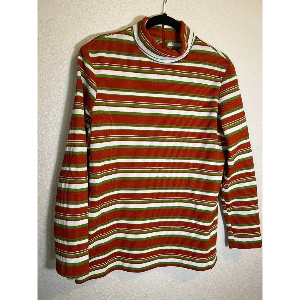 Vintage Mock Turtleneck Top M Striped 1970s Zip Ribbed Knit Poly Orange Green