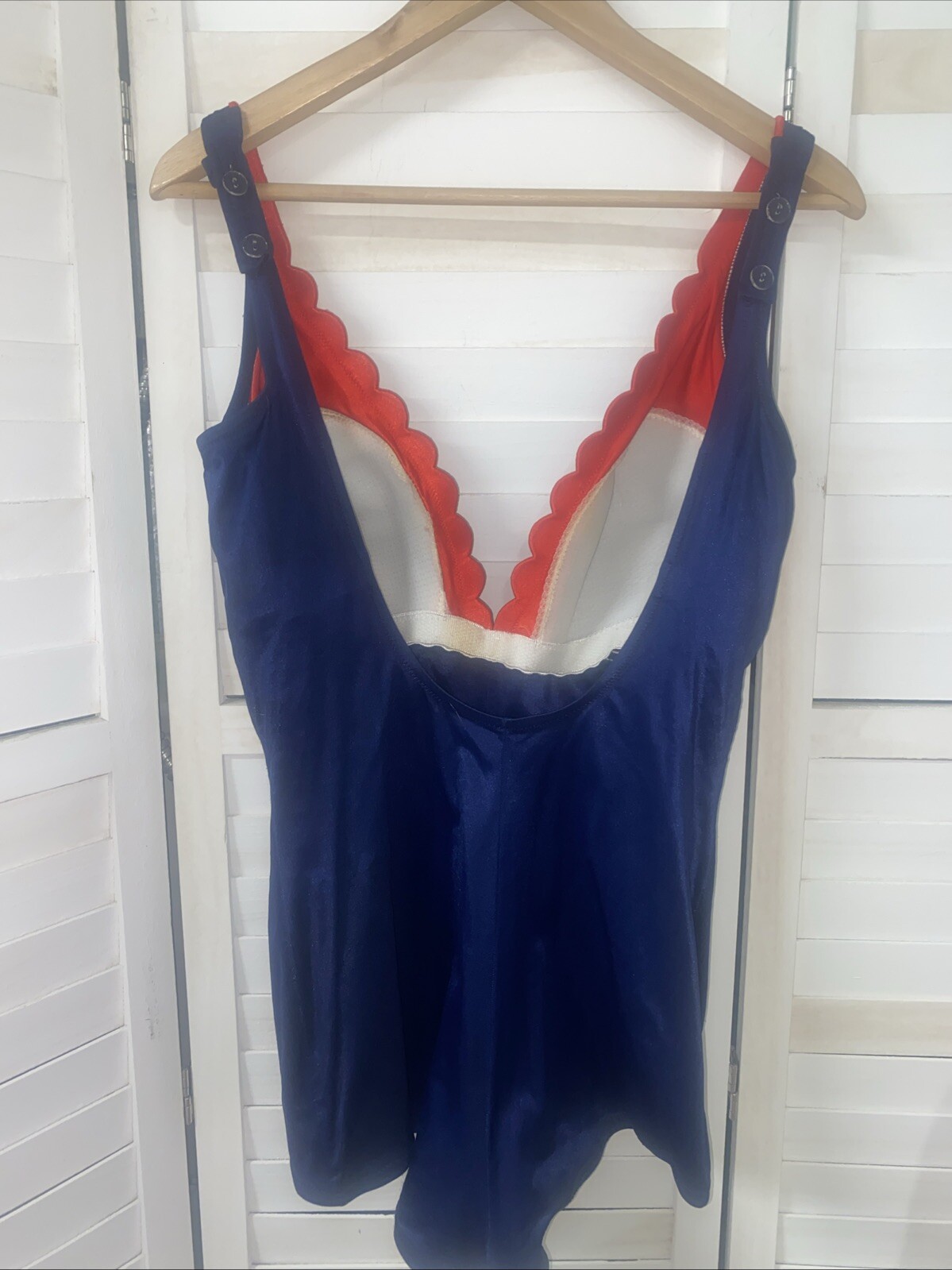 Vintage 1970 DeWeese Design Navy W/ Red Trim One Piece Swimsuit Sz 16 USA Made