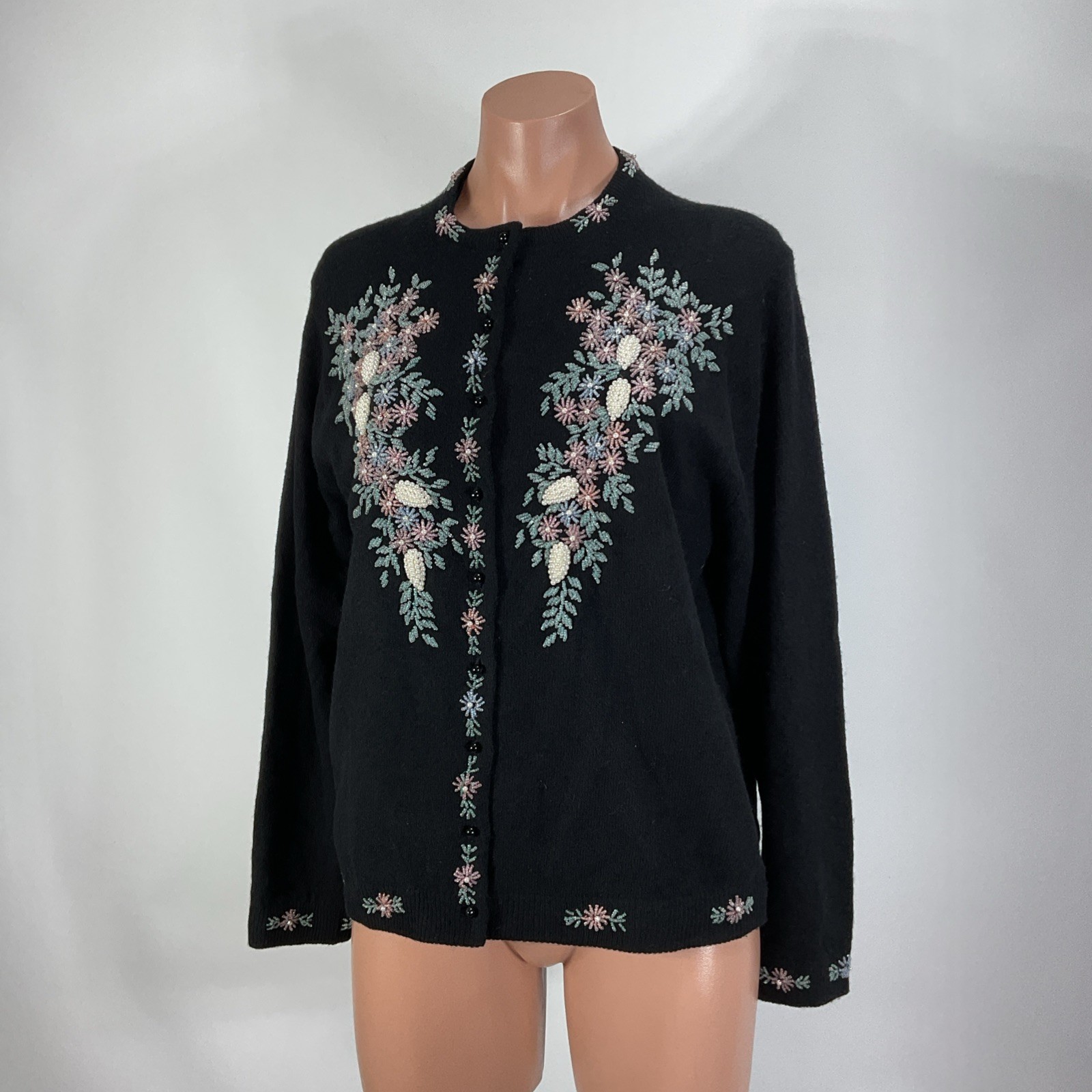 Vintage 50s 60s 42 Handcrafted Beaded Cardigan Sweater Grandma Glam Lined