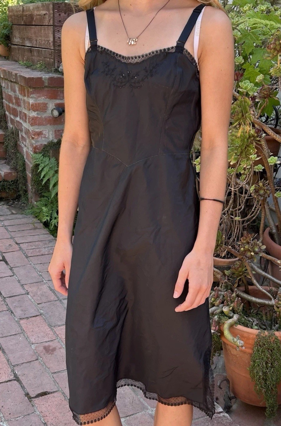 Vintage Barbizon 40s 50s XS Full Slip Tafredda Dress Lace Black