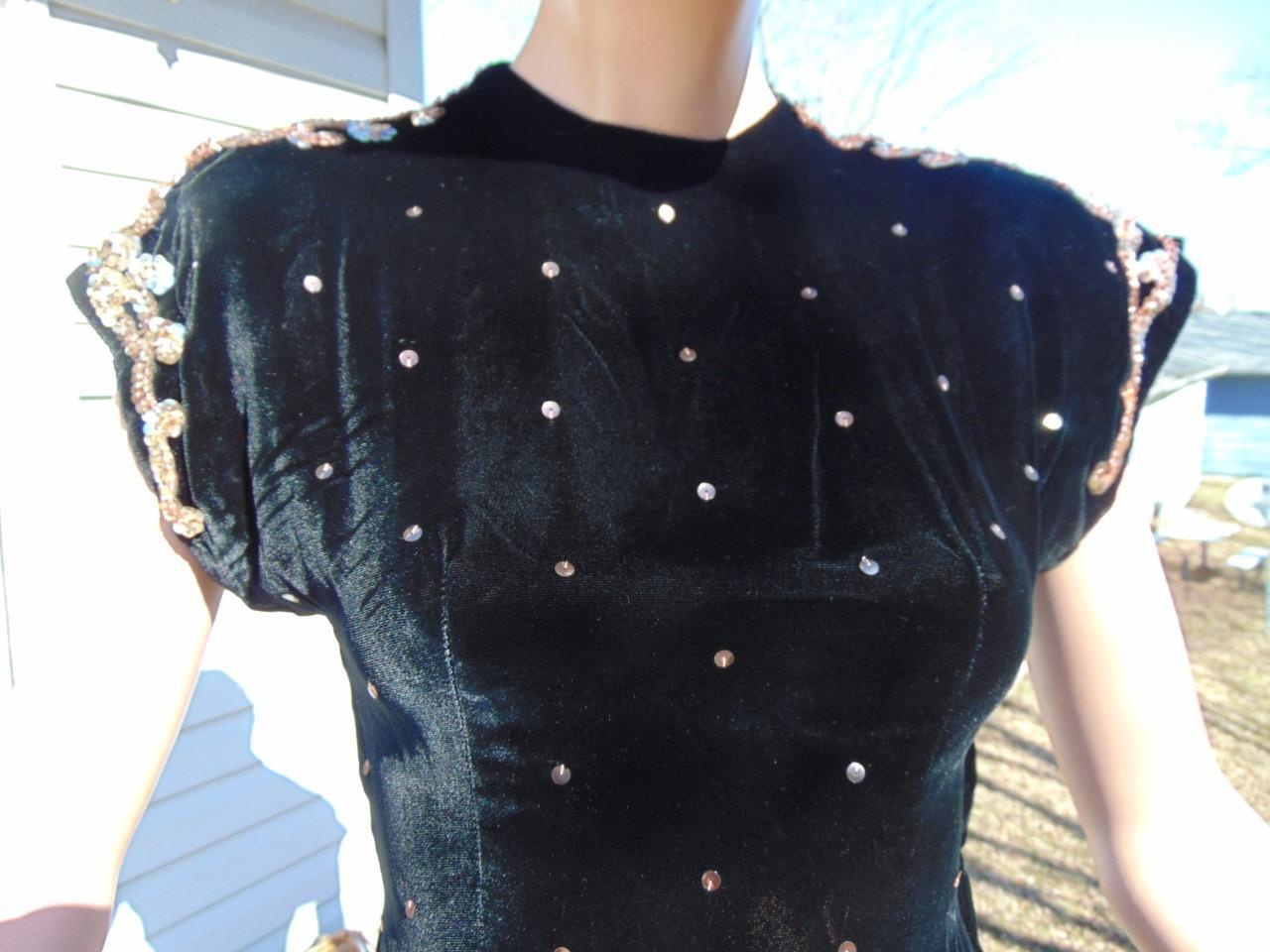 VTG 40s Black Silk Velvet Wide Leg Pants & Sequin Top Sm 26W