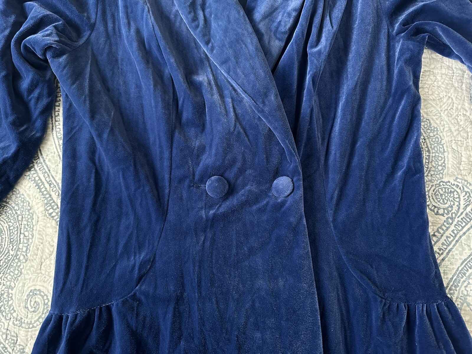 Vintage Miss Elaine Long Blue Velvet Bathrobe Double Button Very Regal- POCKETS