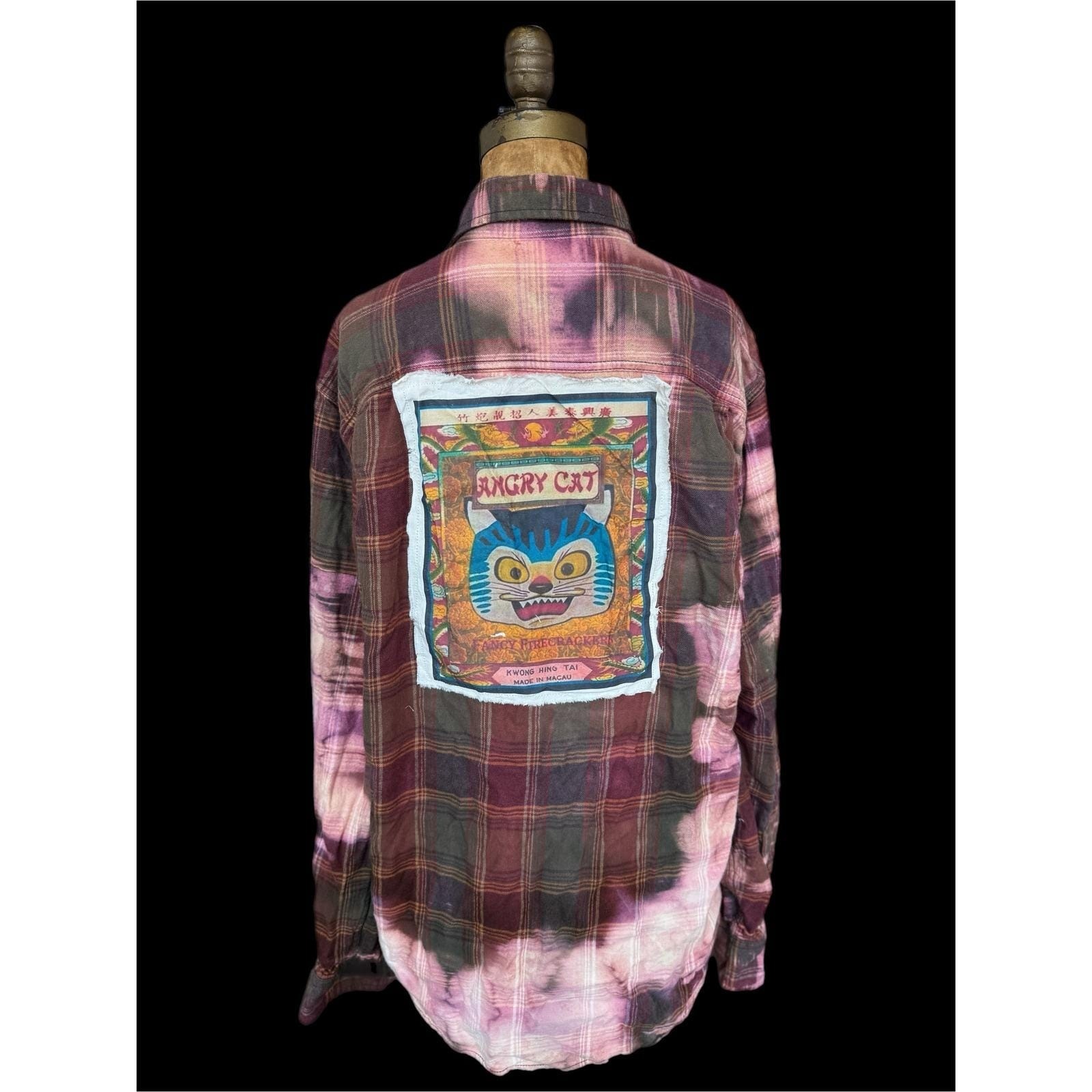 Upcycled Flannel Shirt Angry Cat Patch Grunge Art Large