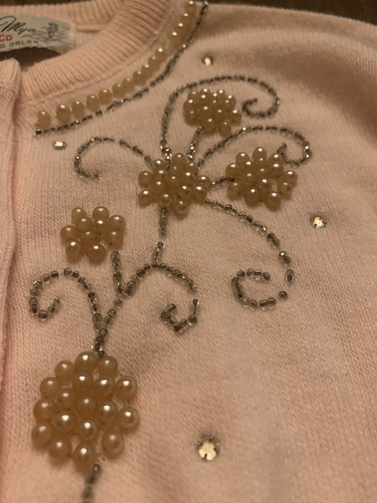Vintage A Sara Mya By Meco 100% Turbo Orlon 1950’s Pink Embroidered Sweater