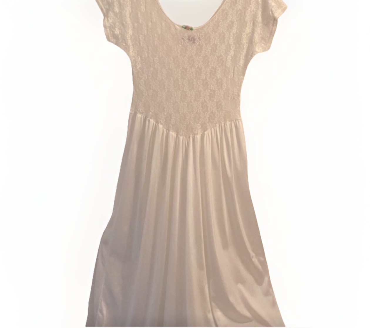 VTG Gloria Vanderbilt White Nylon Nightgown Large Lace Rhinestone Bow USA