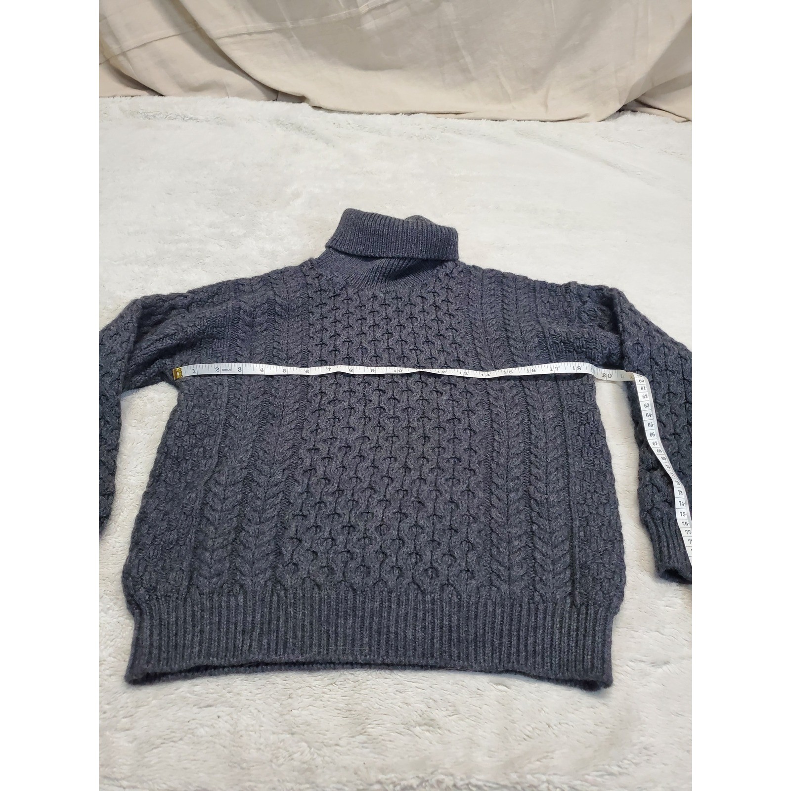 Vintage Gray Chunky Cable Knit Turtleneck Merino Wool Fisherman Sweater Small