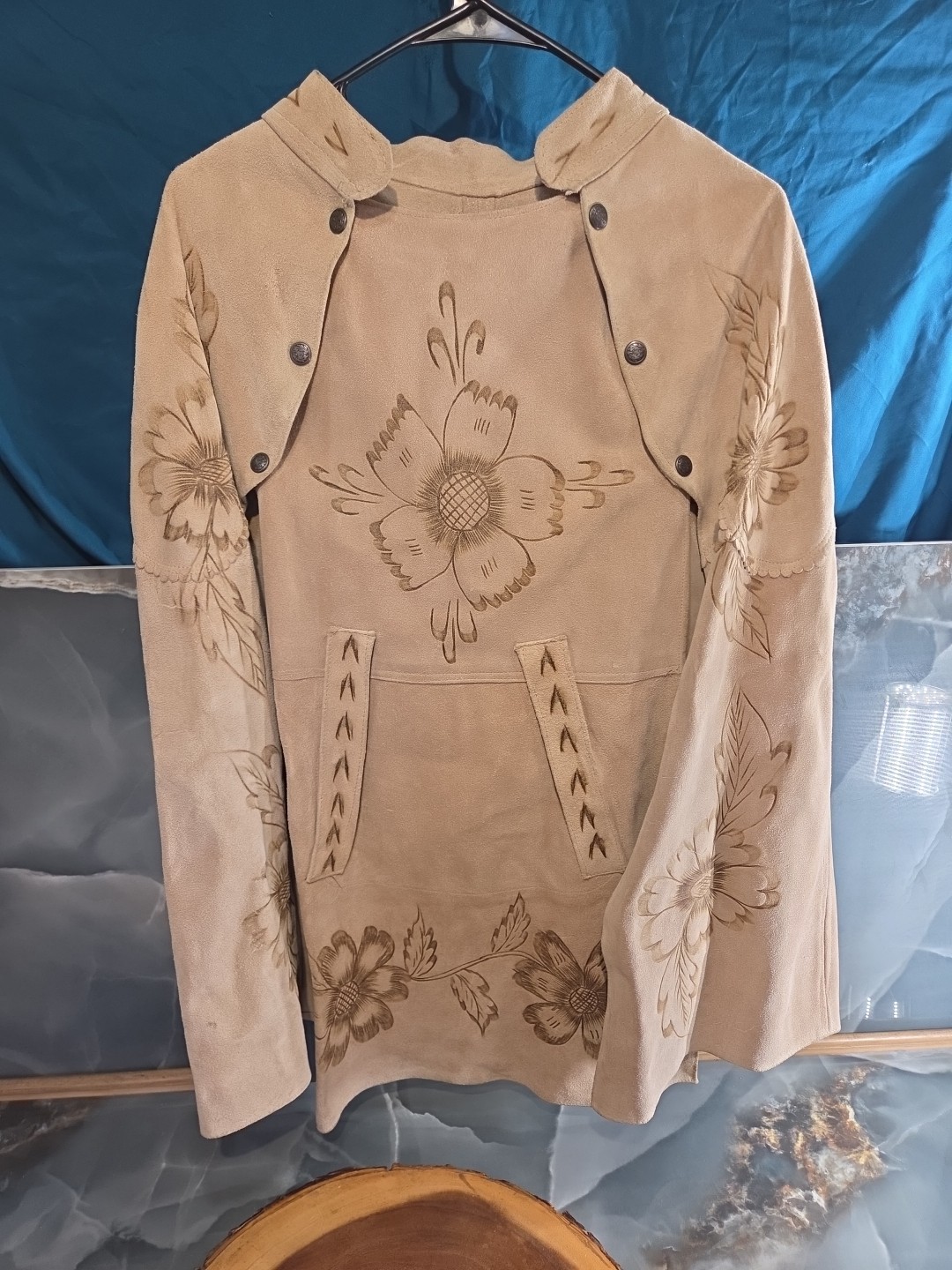 Vintage 1960’s-70s Suede Leather Floral Hand Tooled Cape Poncho Hippie