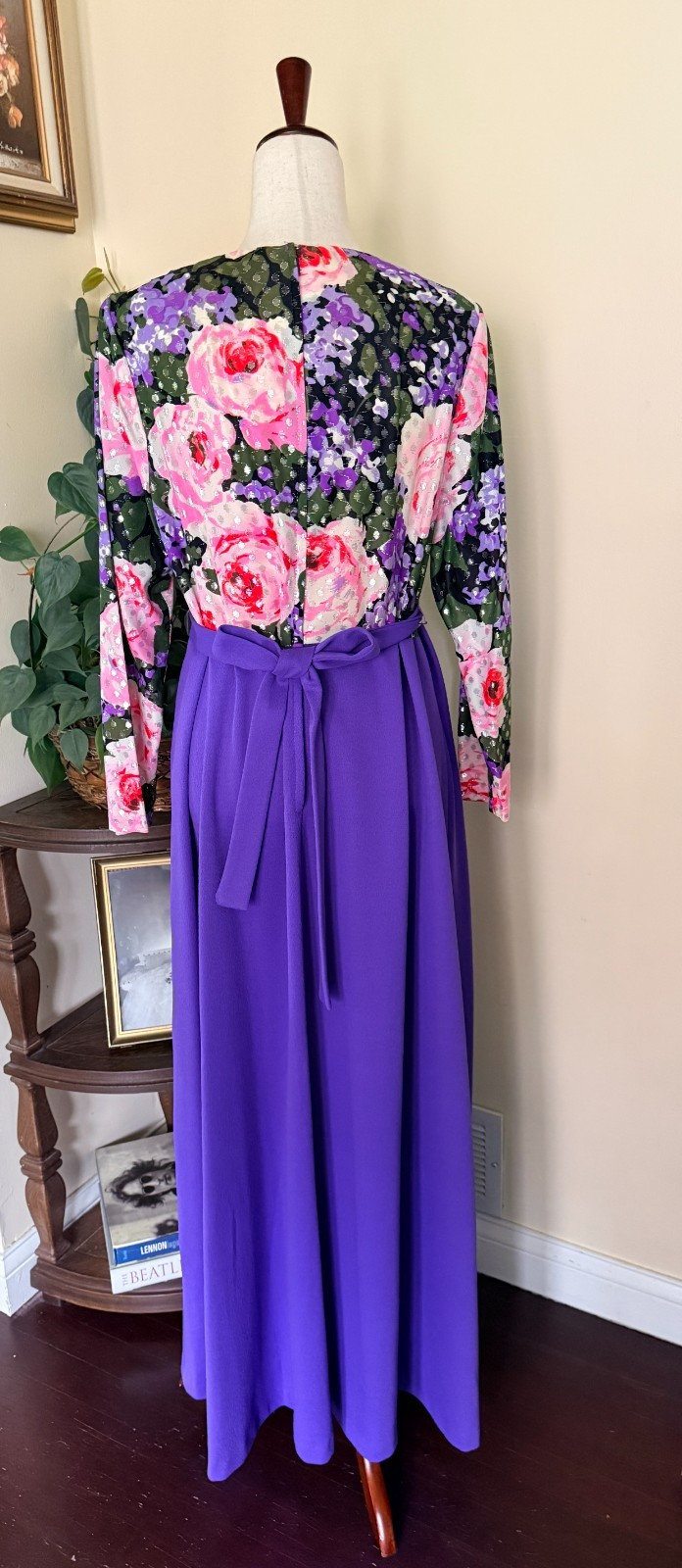 Vintage Purple Floral Hostess Gown Empire Waist Maxi Dress Silver Lurex Dots