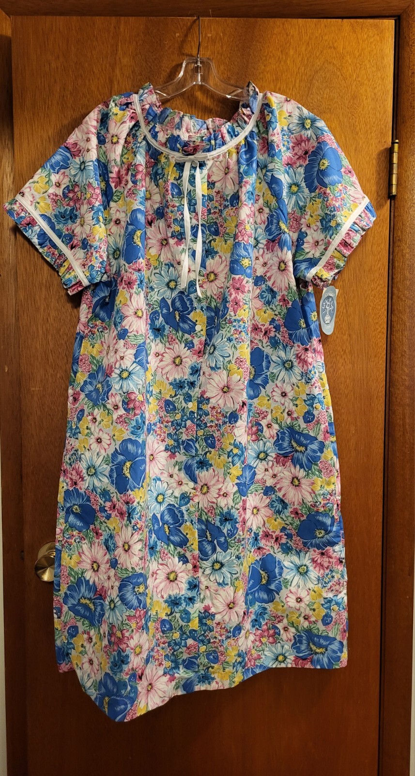 Coffee Time Designer Floral Ruffle Trim Muumuu House Dress Vintage Robe Small