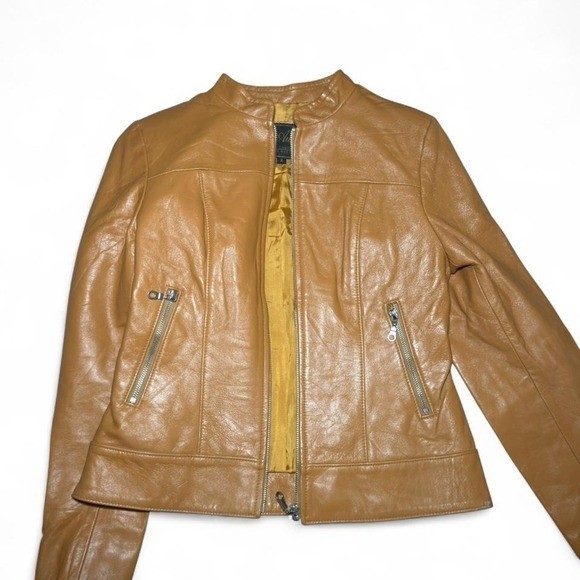 Vintage Y2K Tan Genuine Leather Fitted Moto Jacket Soft Girl Indie