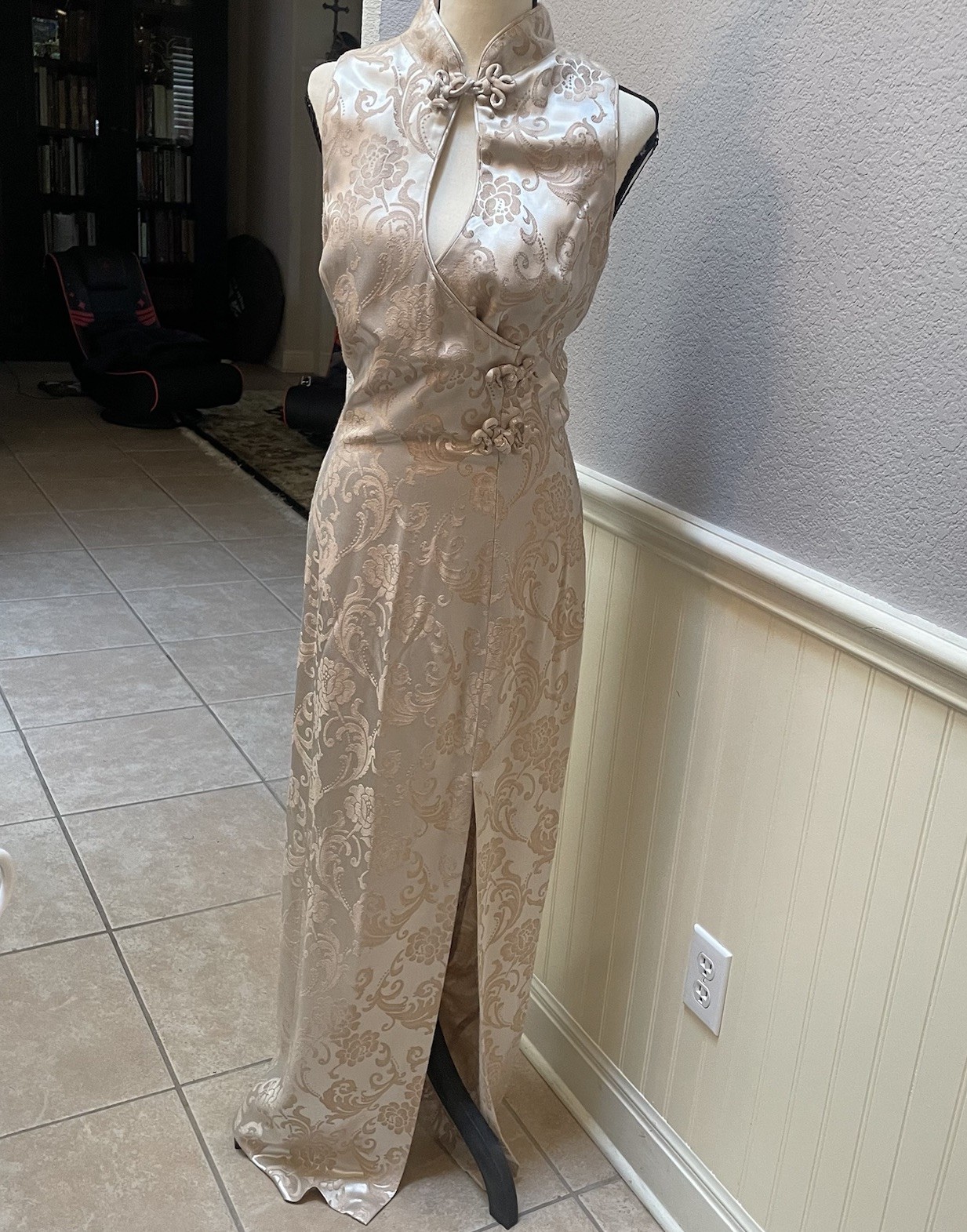 VTG 80s Niki Originals Brocade Cheongsam Maxi Gown Dress Gold Beige 14 Coquette