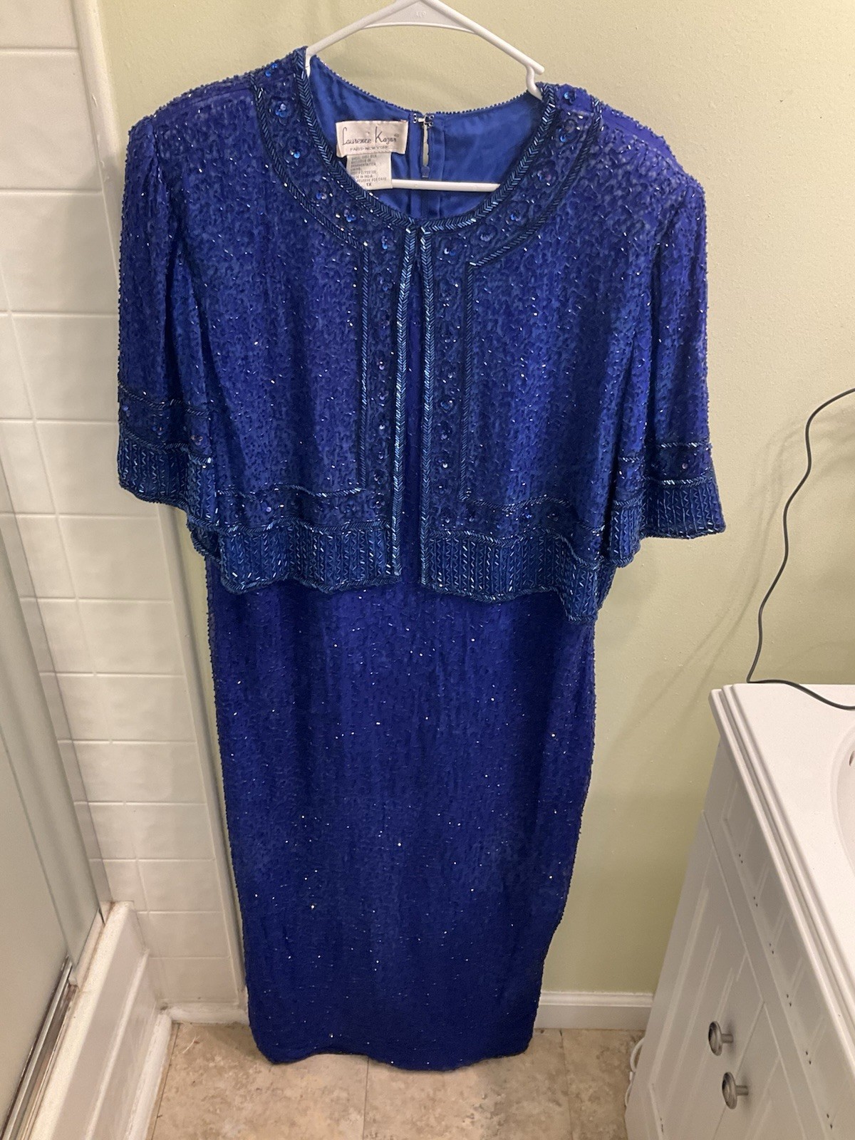 Vintage Laurence Kazar 100% silk cobalt blue heavy beaded cocktail dress size 1X