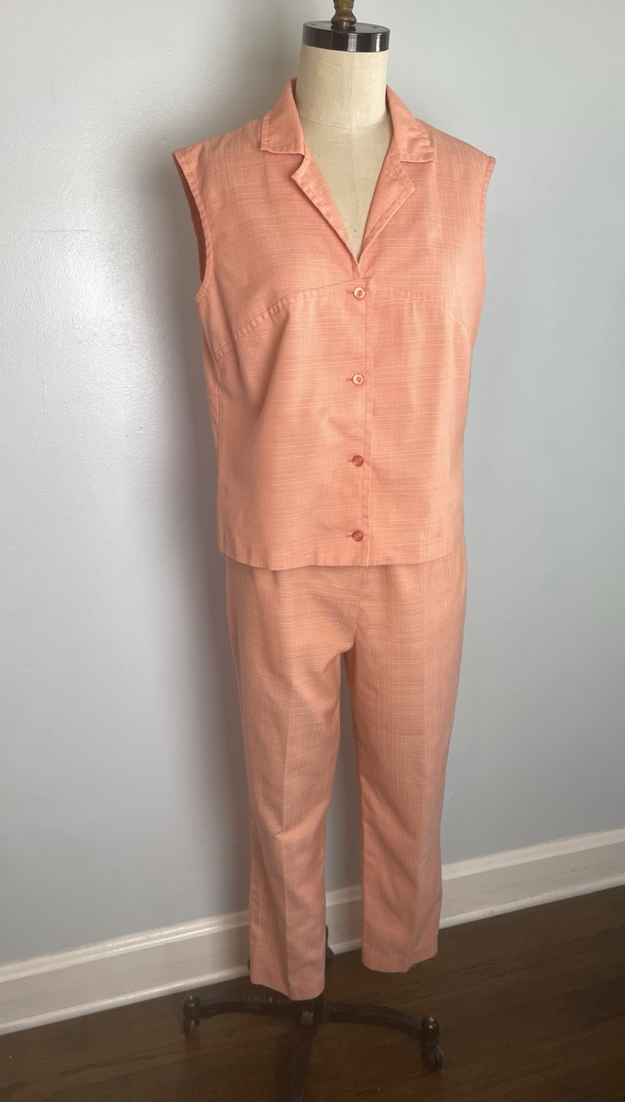 Vintage Coral Koret Late 1960s 60s Sleeveless Top and Slacks Set
