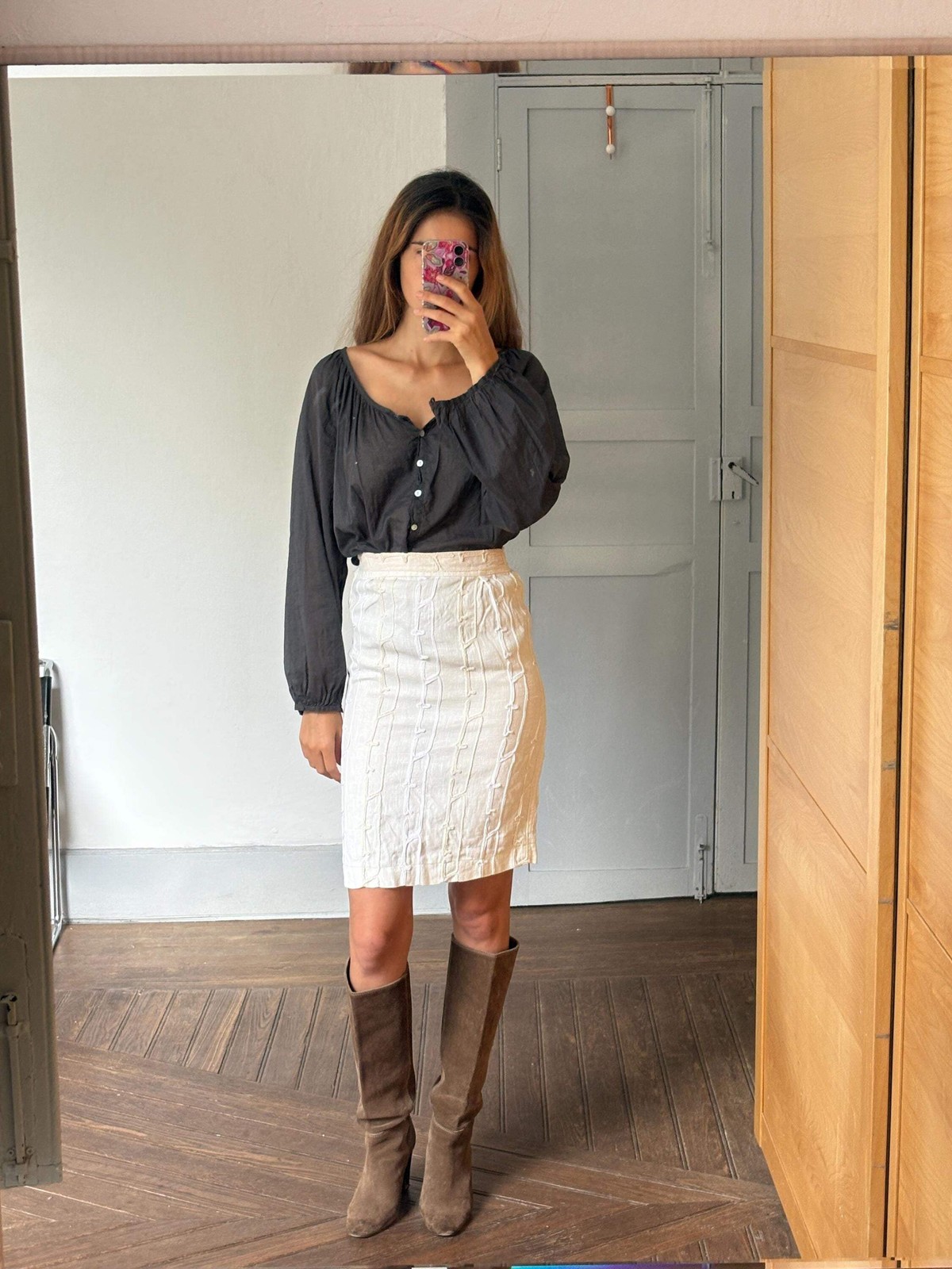 Vintage HANDMADE white textured pencil skirt, High Waisted Midi Skirt,