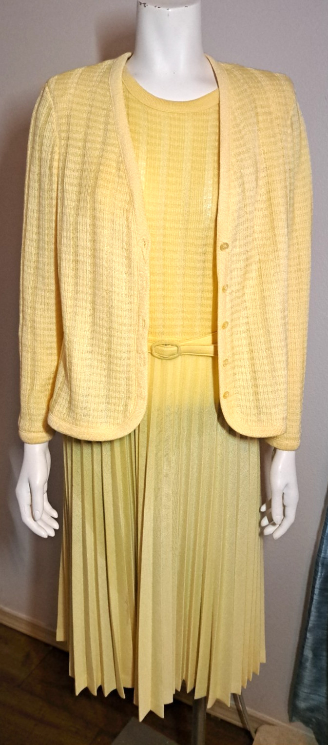 Vtg 70s-80s Butter Yellow Knit Dress & Cardigan Jacket Set S-M Classic ILGWU