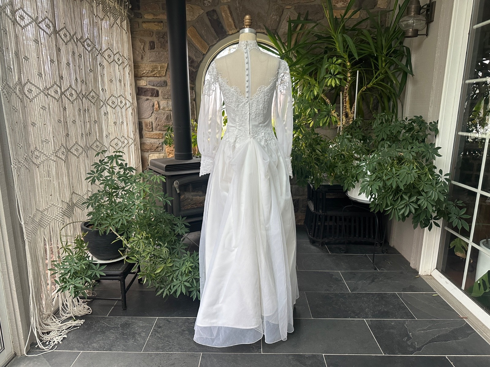 Vintage 1970s White High Neck Nylon Chiffon and Lace Wedding Gown