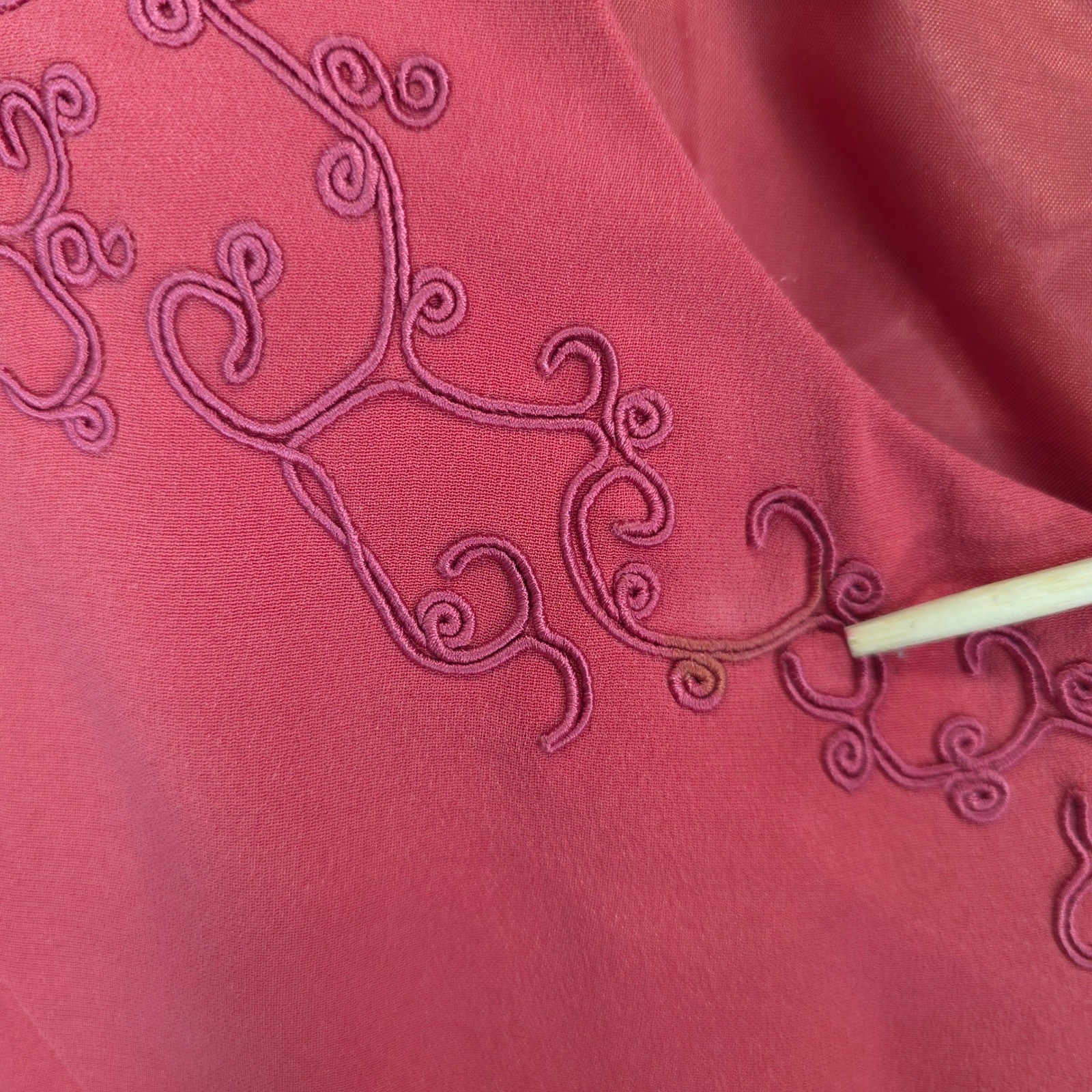 Maggy London Silk Dress Women 12 Coral Pink Embroidered Button Front Midi Church