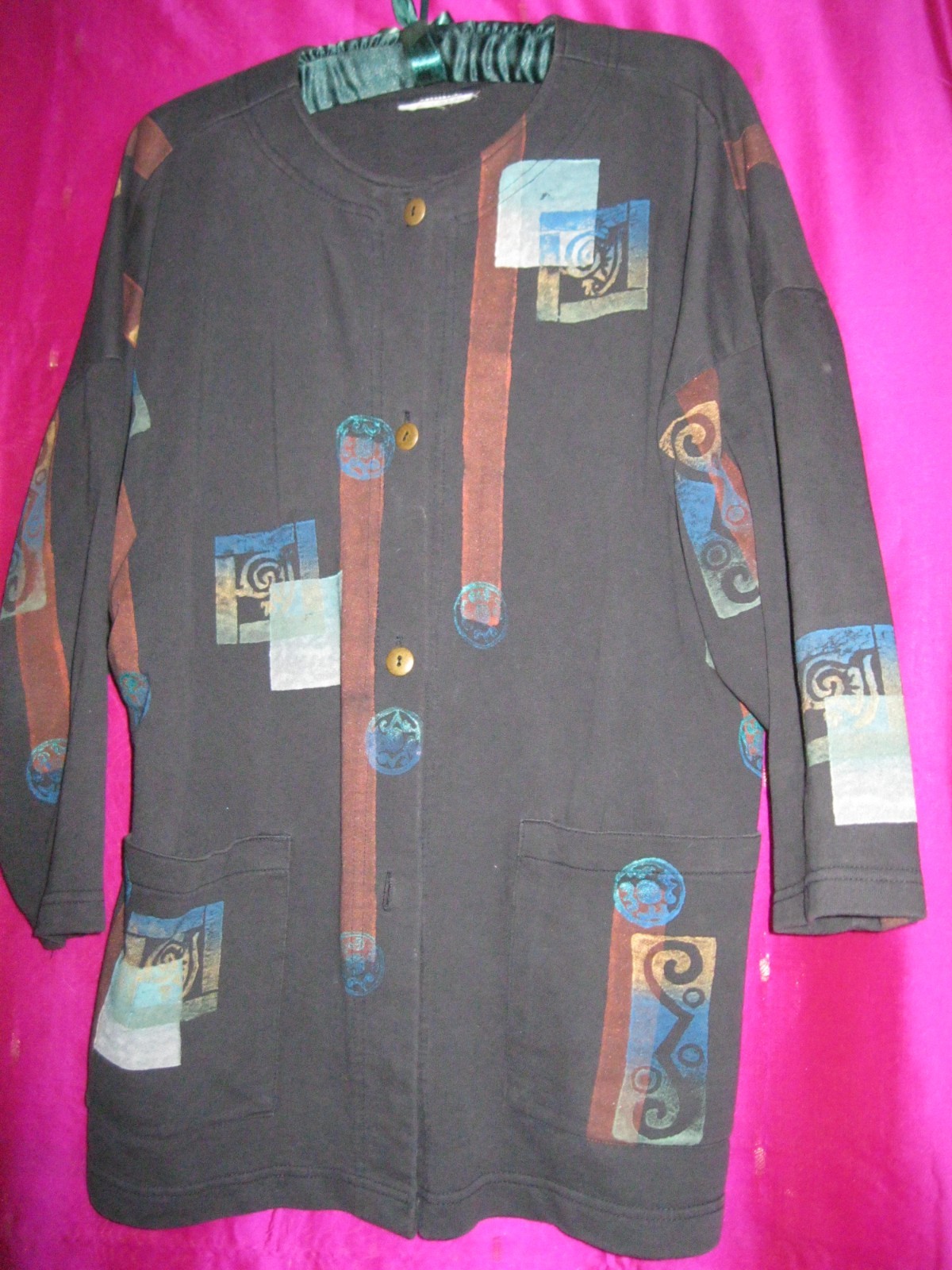 VINTAGE, BLACK COTTON JACKET, HAND PAINTED, SZ M/L, W/ FRONT POCKETS, ARTISAN