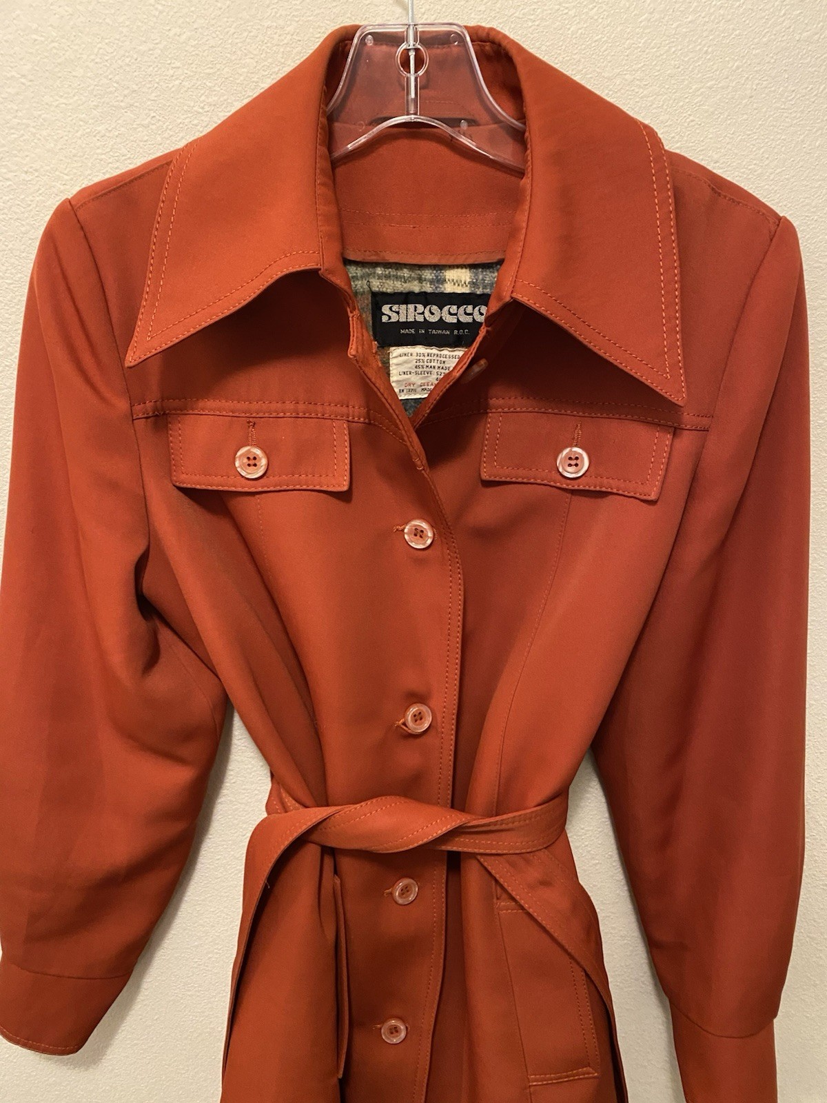 Vintage 1970s Sirocco Rust Orange Trench Coat Plaid Lining Belt Sz 12 Exc