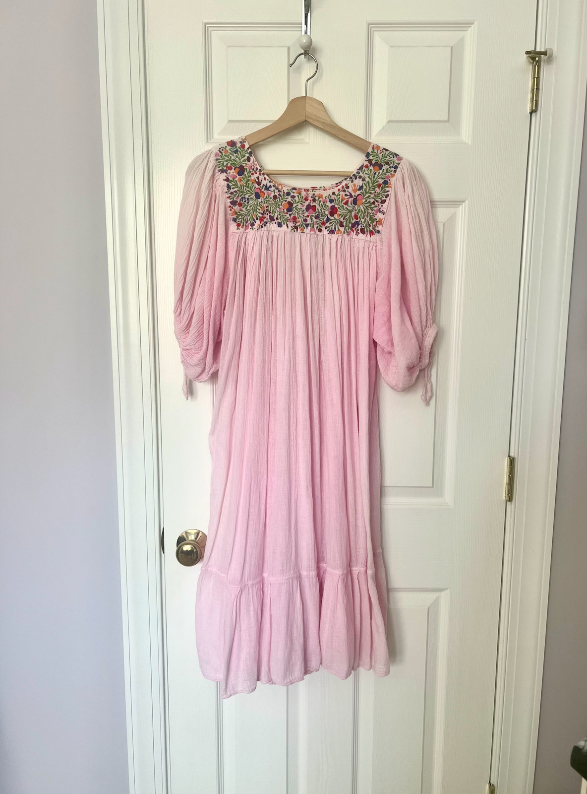 Vintage Oaxaca Mexican Hand Embroidered Floral Cotton Gauze Dress Hippie Boho