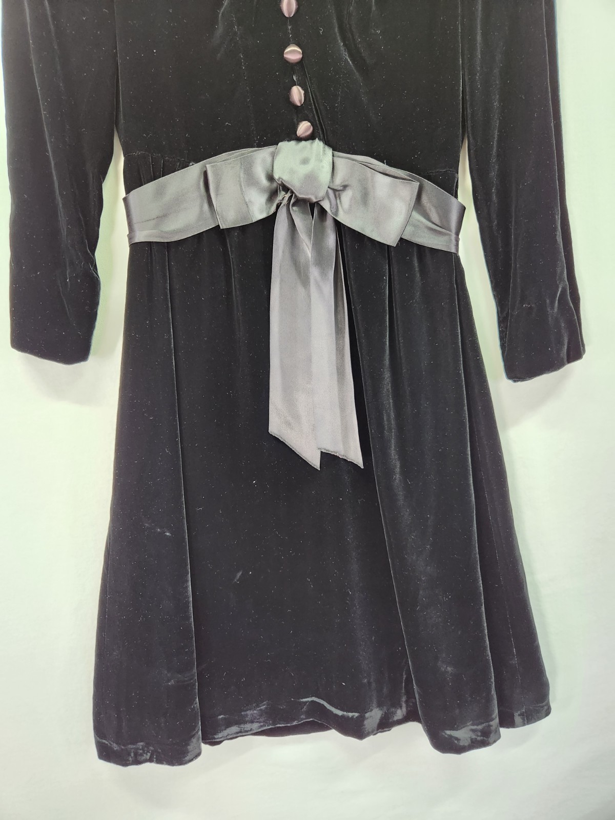 Joanna Nelson Vintage Black Velvet Dress Size Small Satin Bow Midi Party Formal