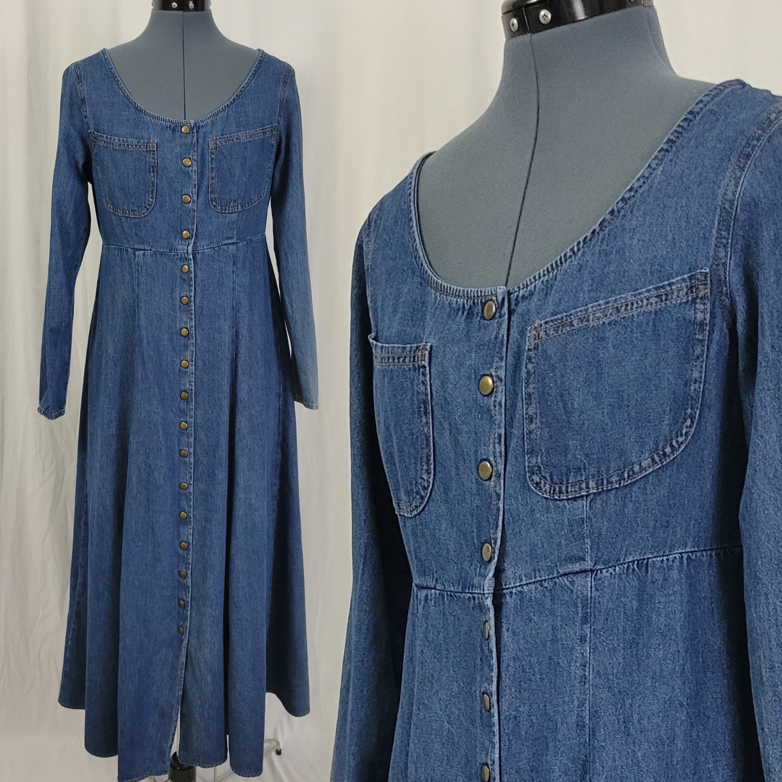 Vintage Moda Int’l Raised Waistline Button Down Flared Denim Dress Size 8