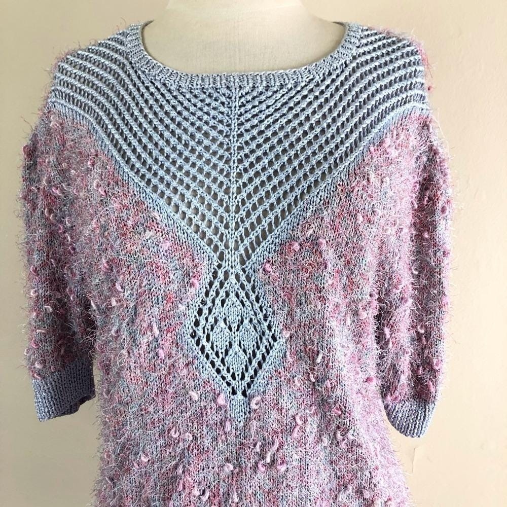vintage 80s silk crochet sweater macrame ribbon open weave pullover boho 1980s