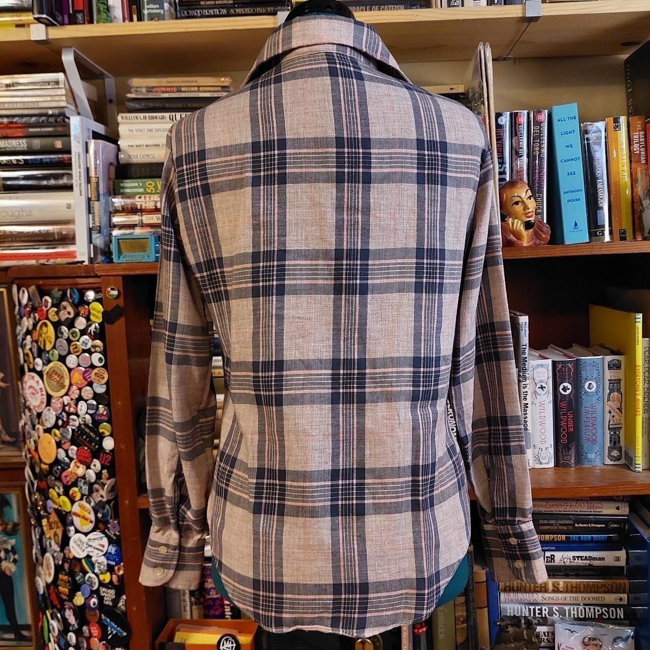Vintage baby pink, grey, and navy plaid button up.