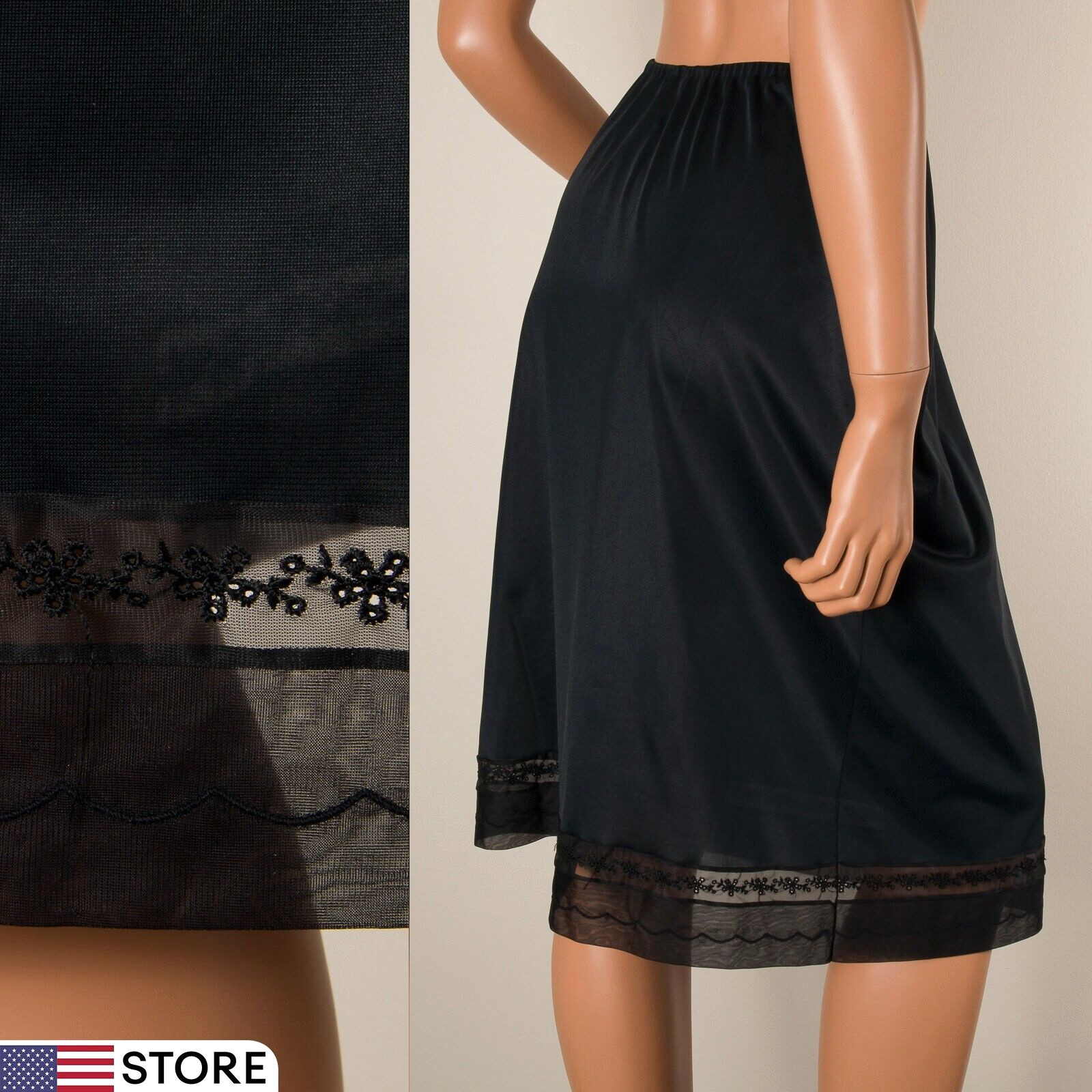 💖 MUNSINGWEAR Black Nylon Half Slip Skirt Eyelet Embroidered Chiffon Lace M