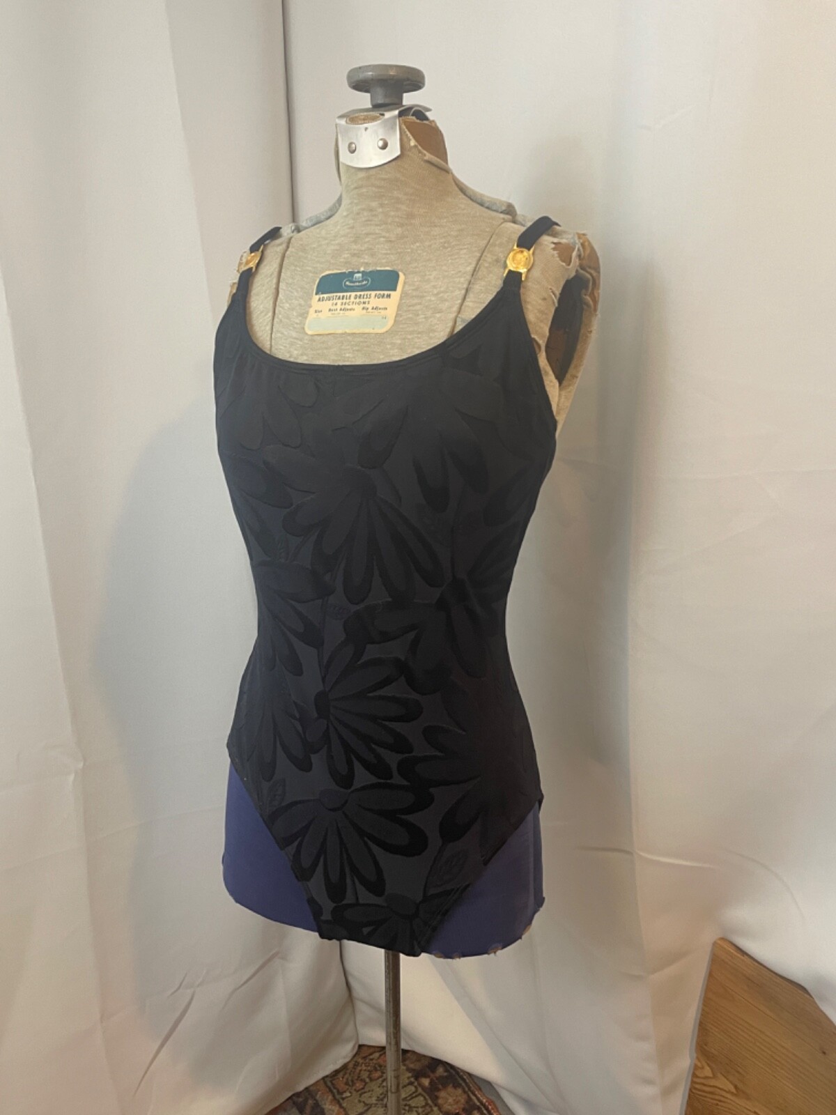 Swim Bathing Suit Maillot Black 1990s Vintage Supermodel Floral Minimalist 10 M