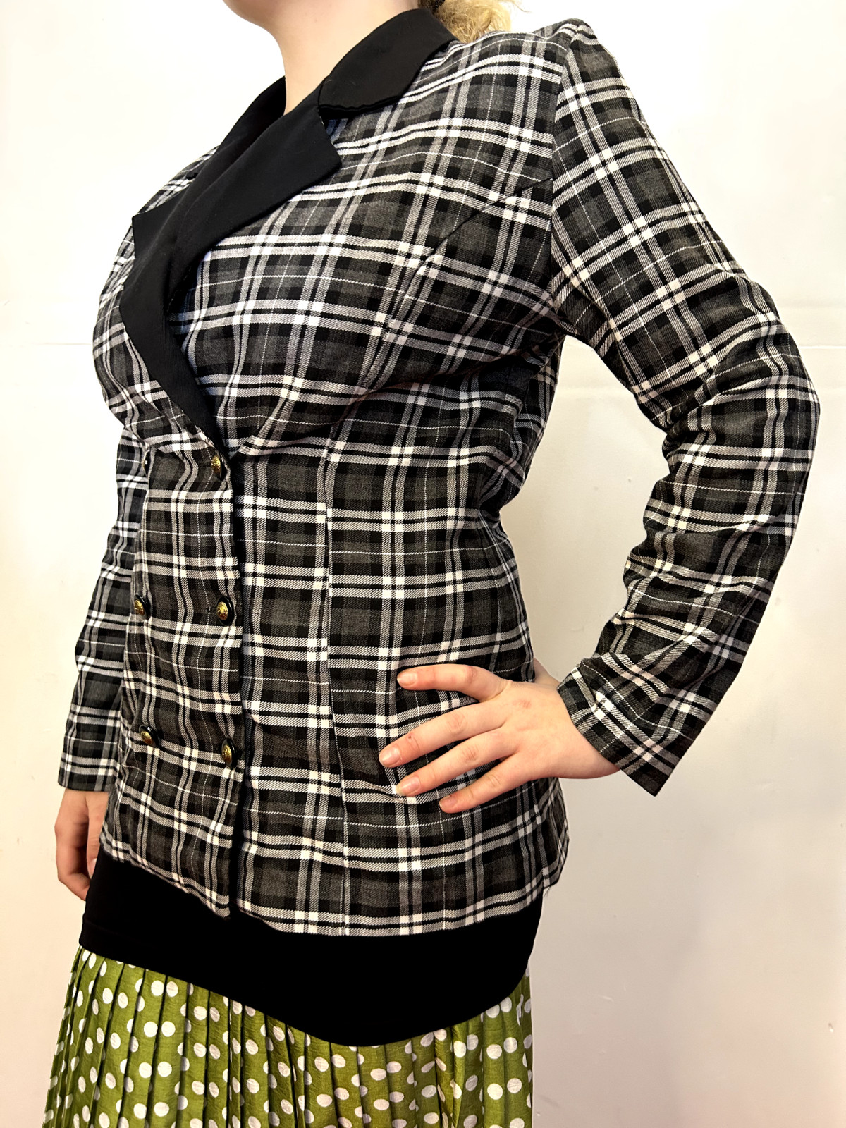 Vintage Australian 1980s Ozti Black White Plaid Blazer Double Breasted AU 8/S