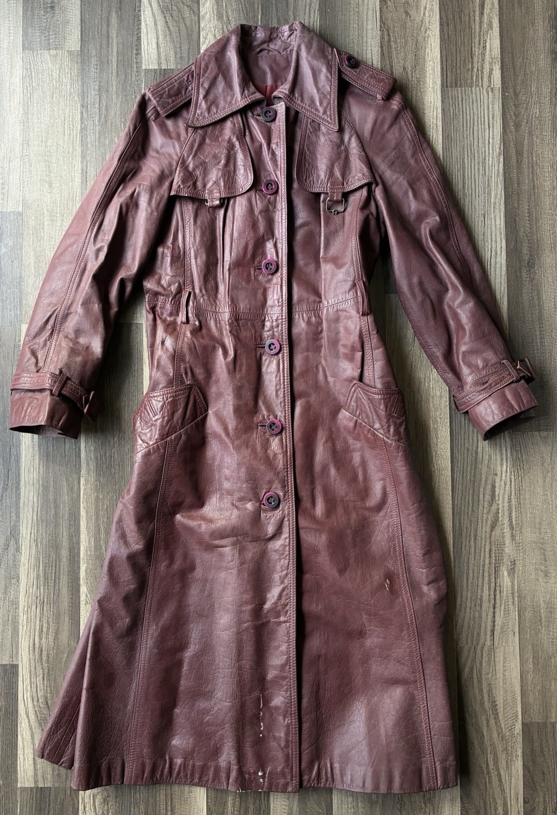 Vintage Womens Etienne Aigner Trench Long Coat Oxblood Burgundy Size 10 Leather