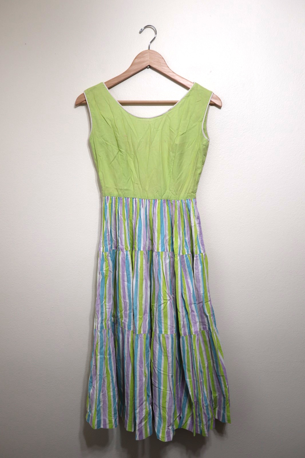 50s Abby Kent Chartreuse Stripe Sleeveless Tiers Full Skirt Day Dress Women XS 0