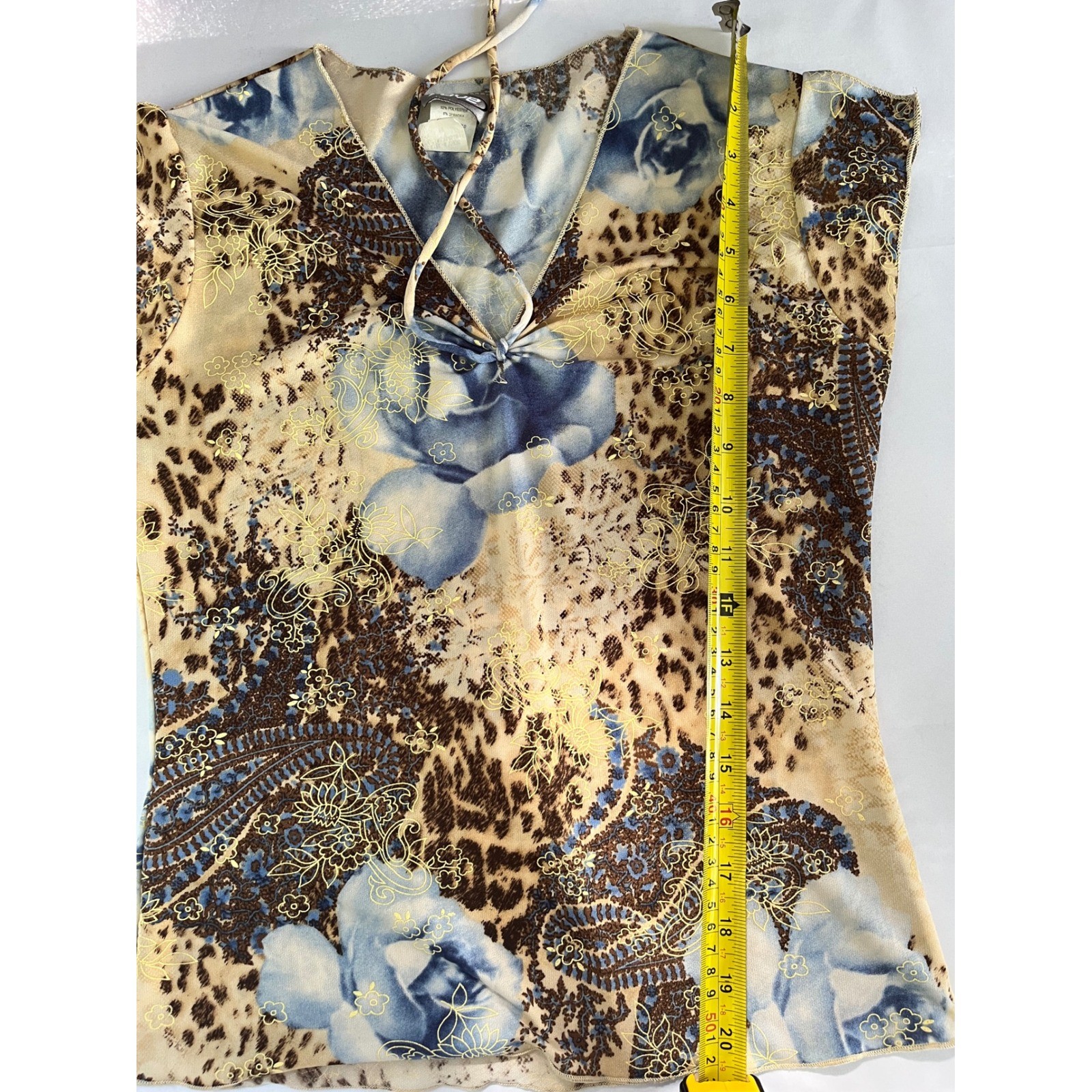 Vintage Rave Y2K Mixed Print Top Blue Rose Leopard Paisley V-Neck Tie Front M