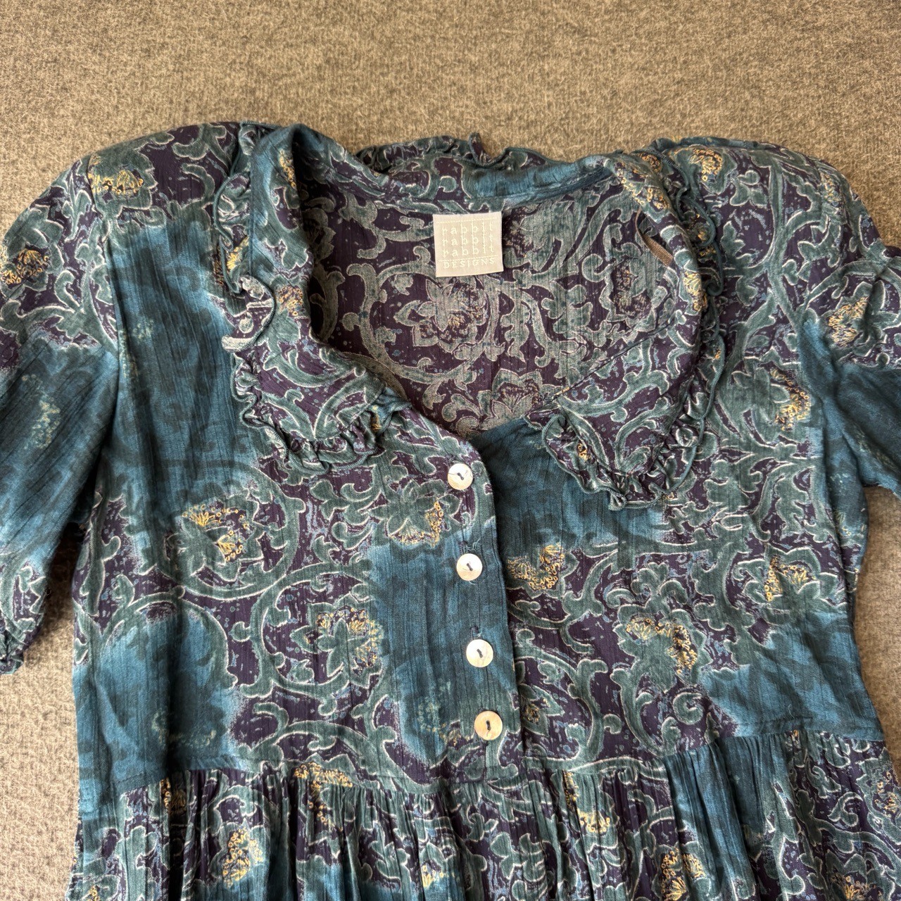 Vintage 90s Rabbit Designs Babydoll Dress Womens 6 Petite Paisley Button Front