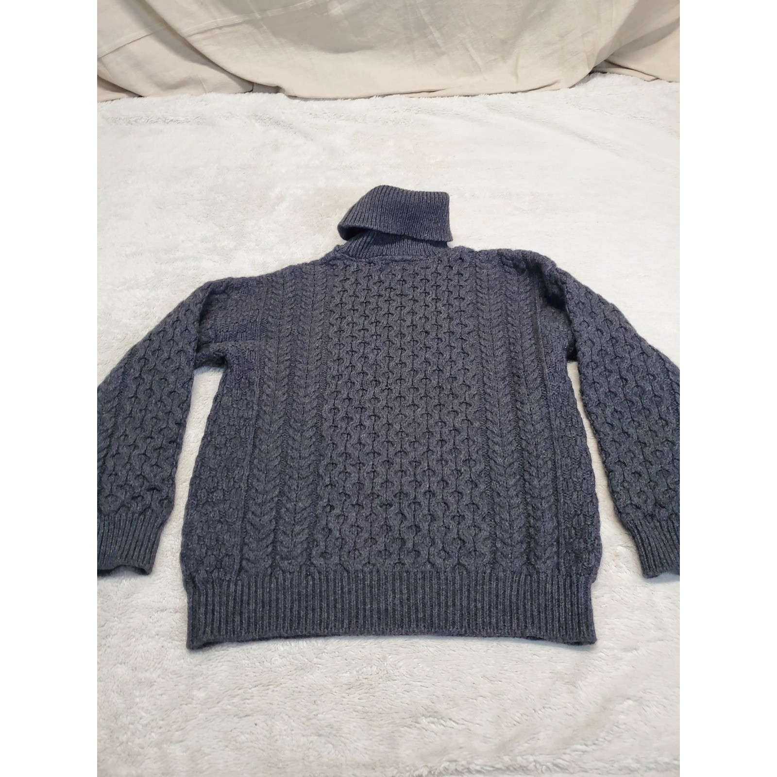 Vintage Gray Chunky Cable Knit Turtleneck Merino Wool Fisherman Sweater Small