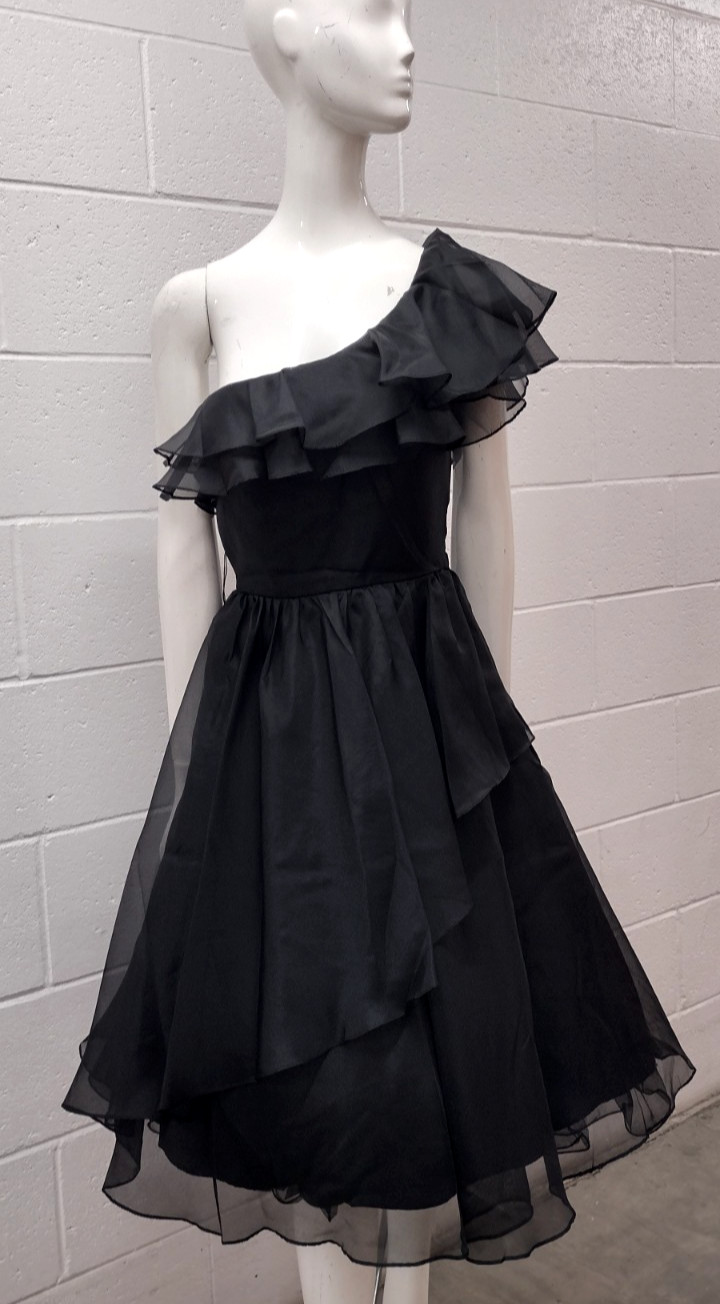 1970s Disco Dress Off The Shoulder Black Poly Nylon Organza Sheer Belted Size S