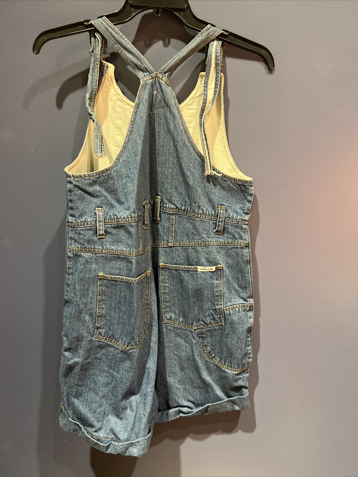 Large Bib 80s BONJOUR denim overall shorts cotton button Romper cuffed pockets