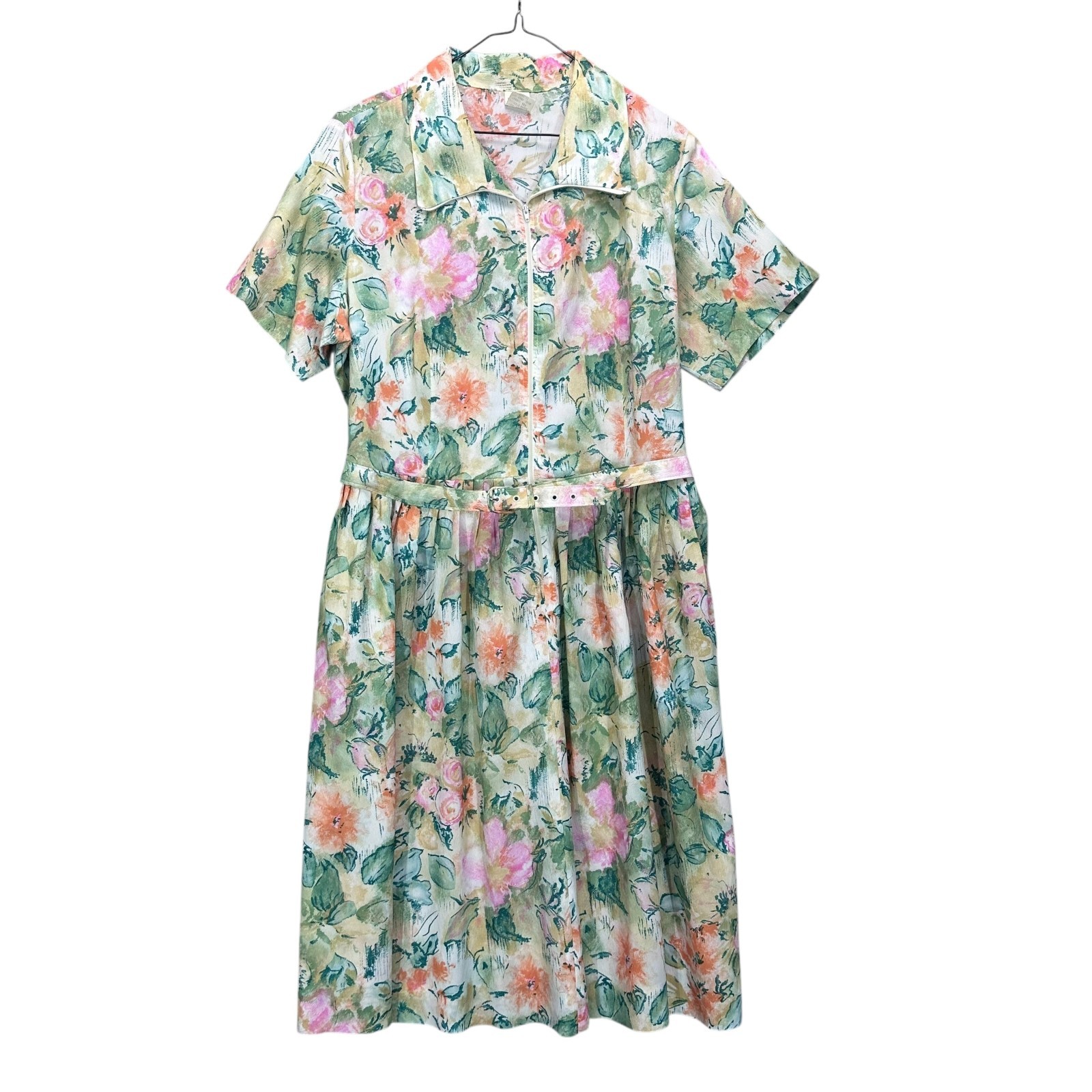 Vintage Dress Womens Large XL 70s 80s Floral Windbreaker Zip Belted Cottage Tea
