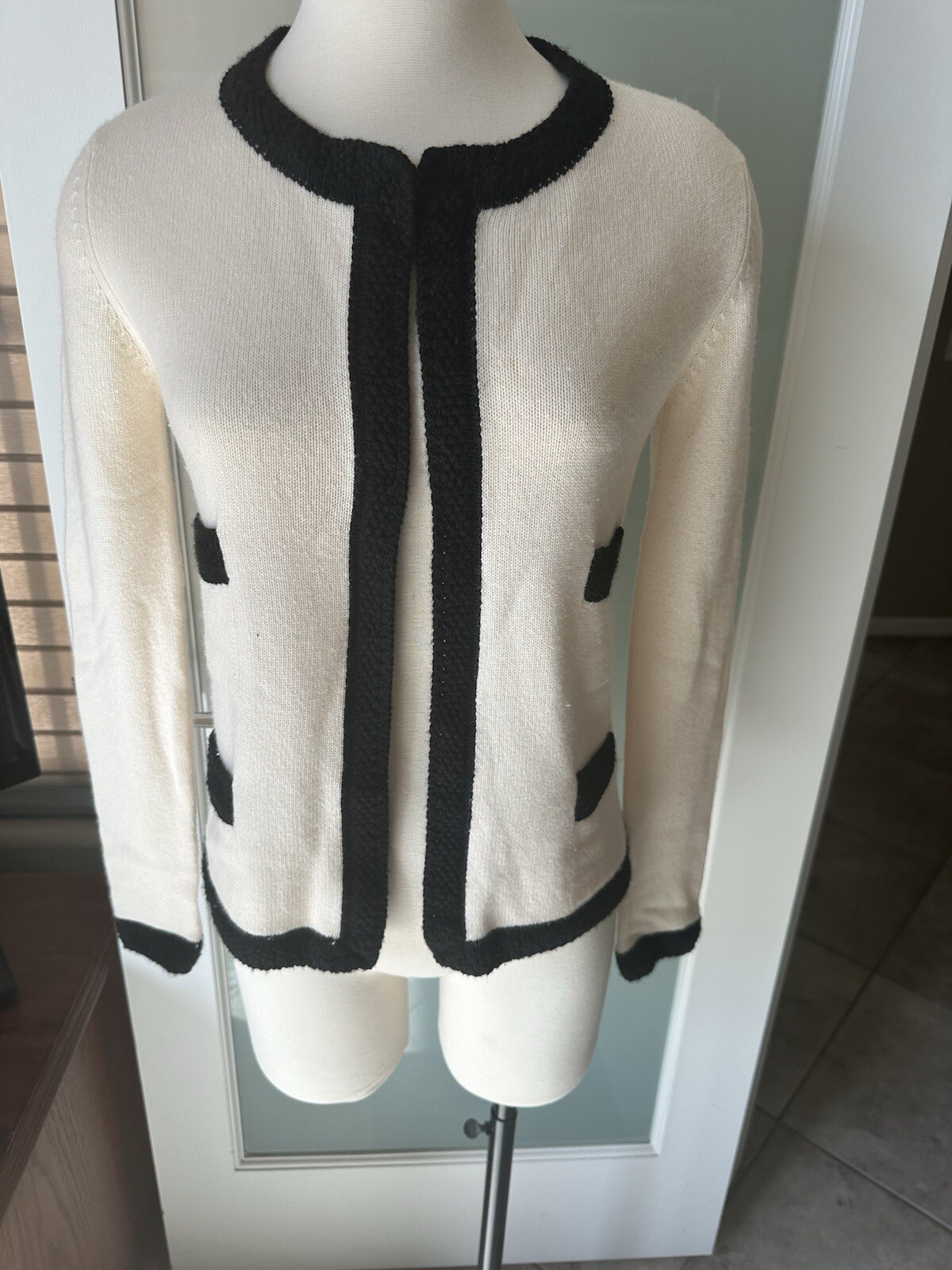 CHANEL Size 38 Cream Black Cashmere Contrast Trim Open Front Cardigan