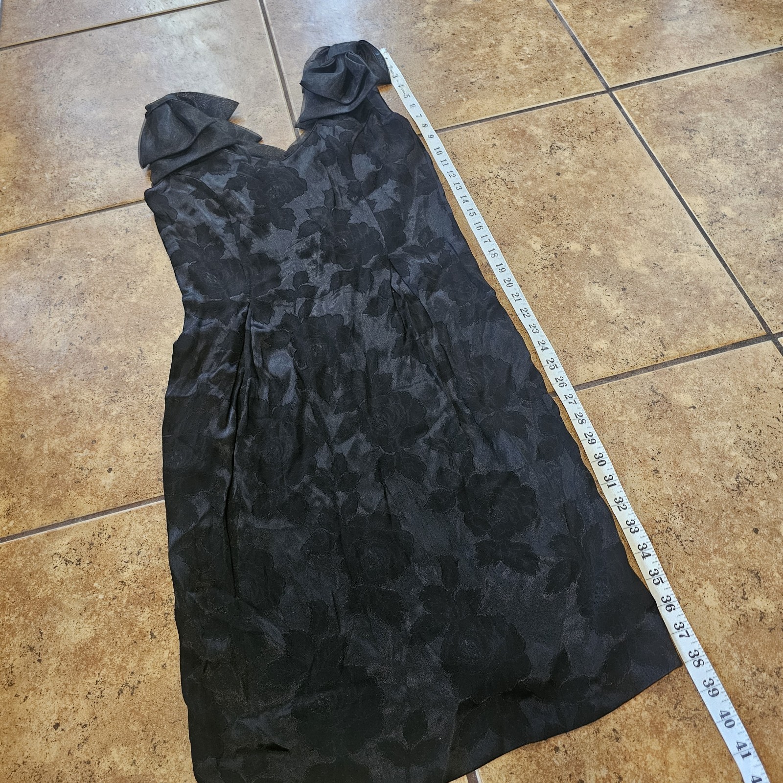 Vintage 80s Midi Dress Midnight Glo Black Floral Roses Party Bows Gothic Glam